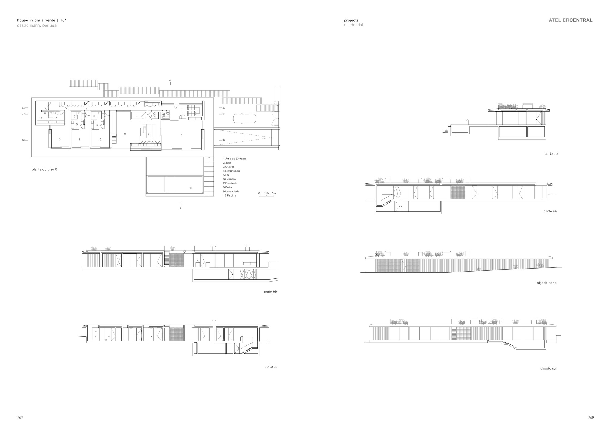 Floor plan and elevation drawings showing a linear structure with terraced volumes