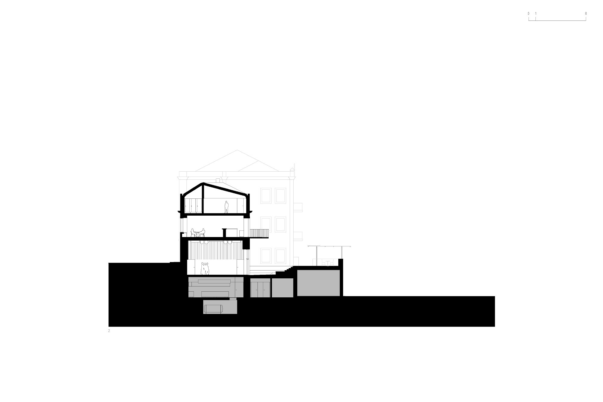 Section drawing revealing split-level interior spaces beneath a pitched roof with adjacent volumes