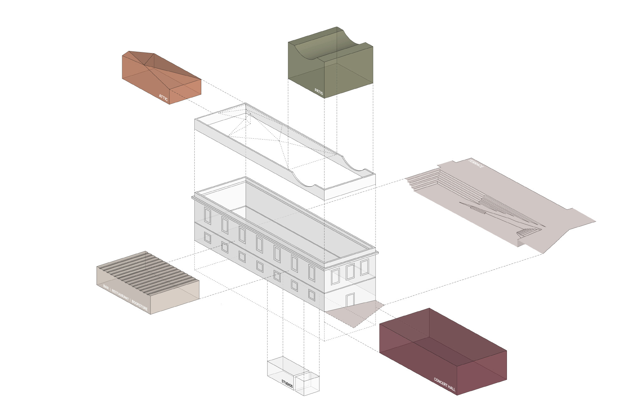 Exploded axonometric drawing showing roof, building volumes, and site elements separated vertically