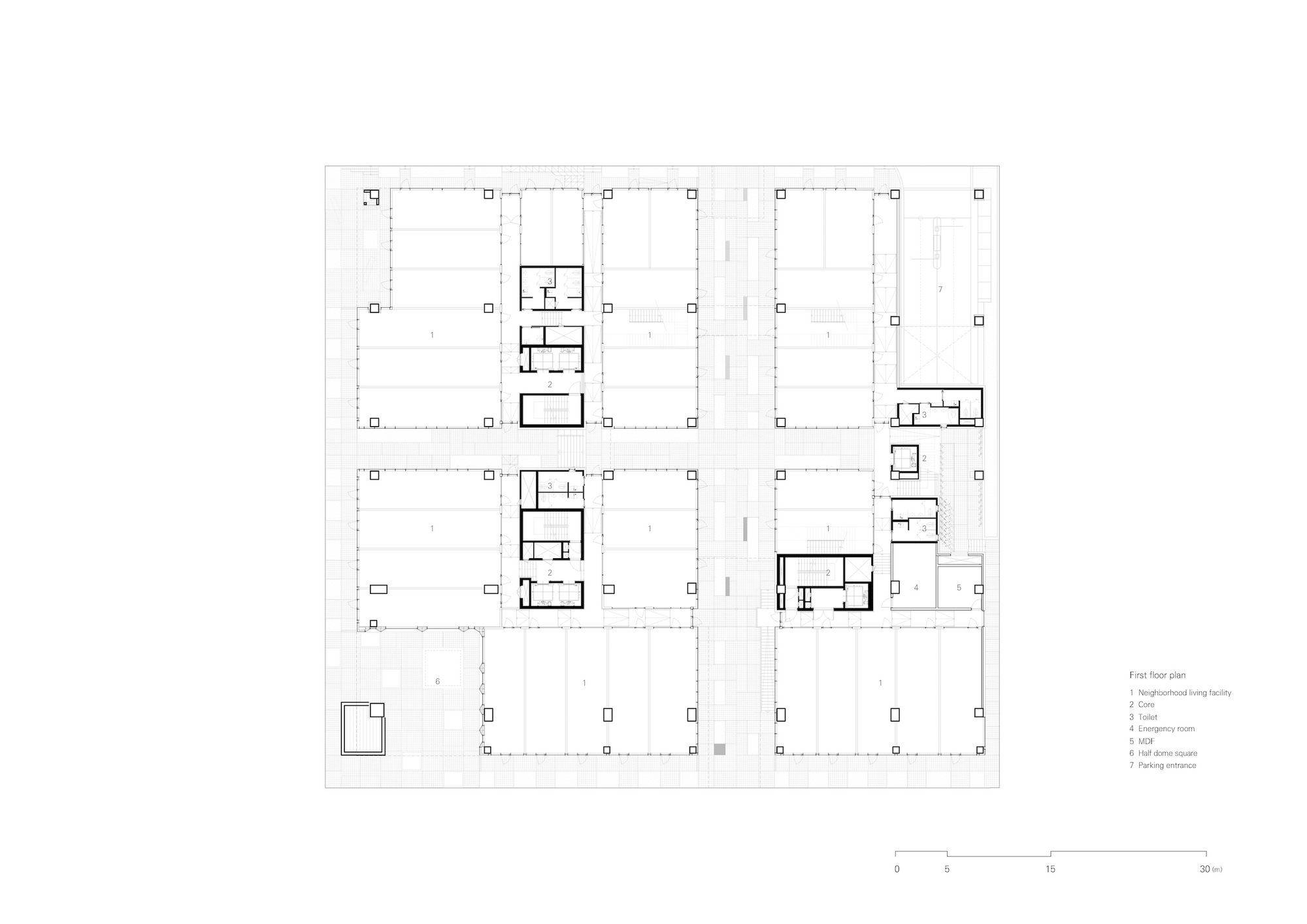 Floor plan drawing showing a structural grid with clustered service cores and open floor plates