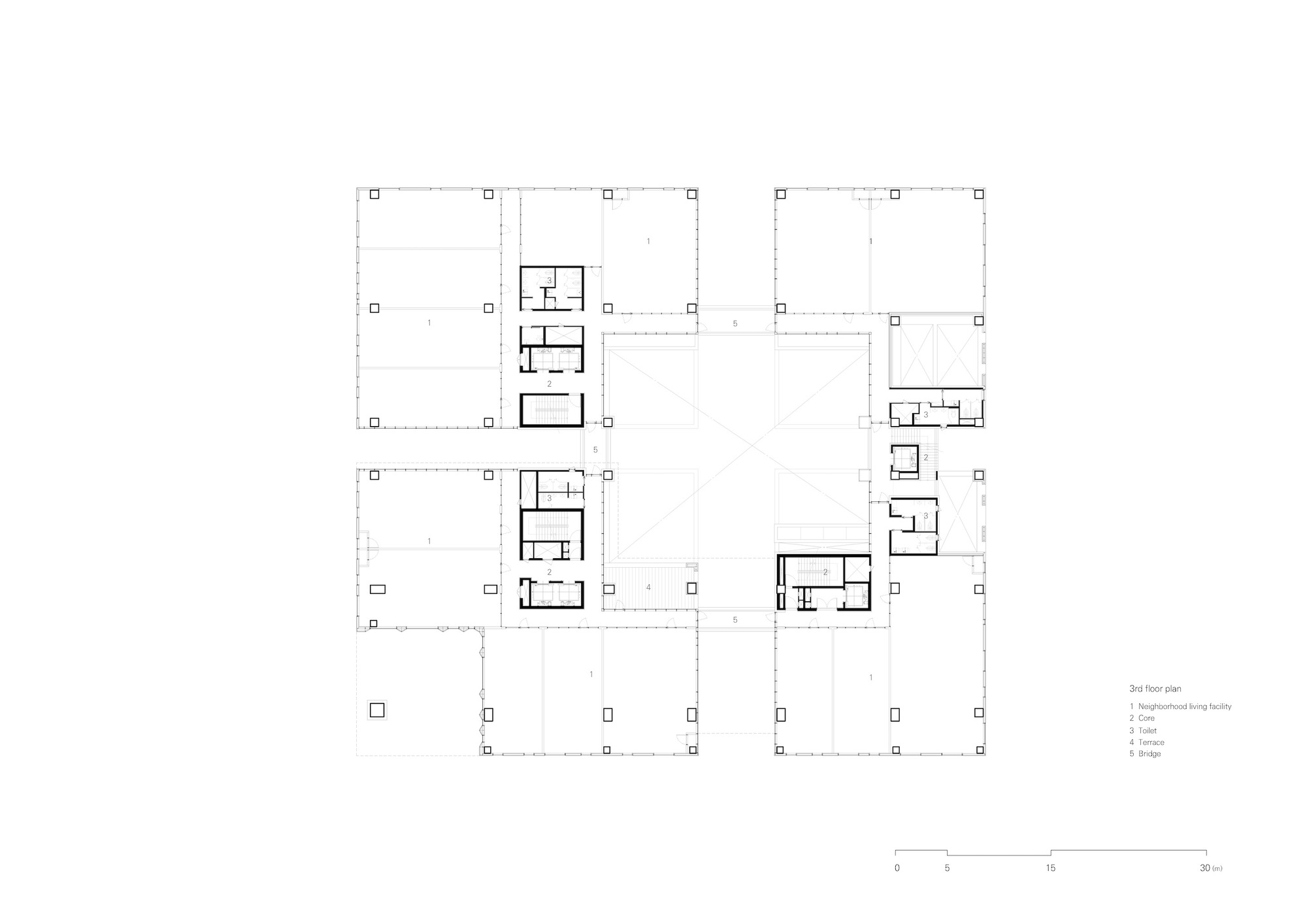 Floor plan drawing showing residential units arranged around open courtyards with structural grid