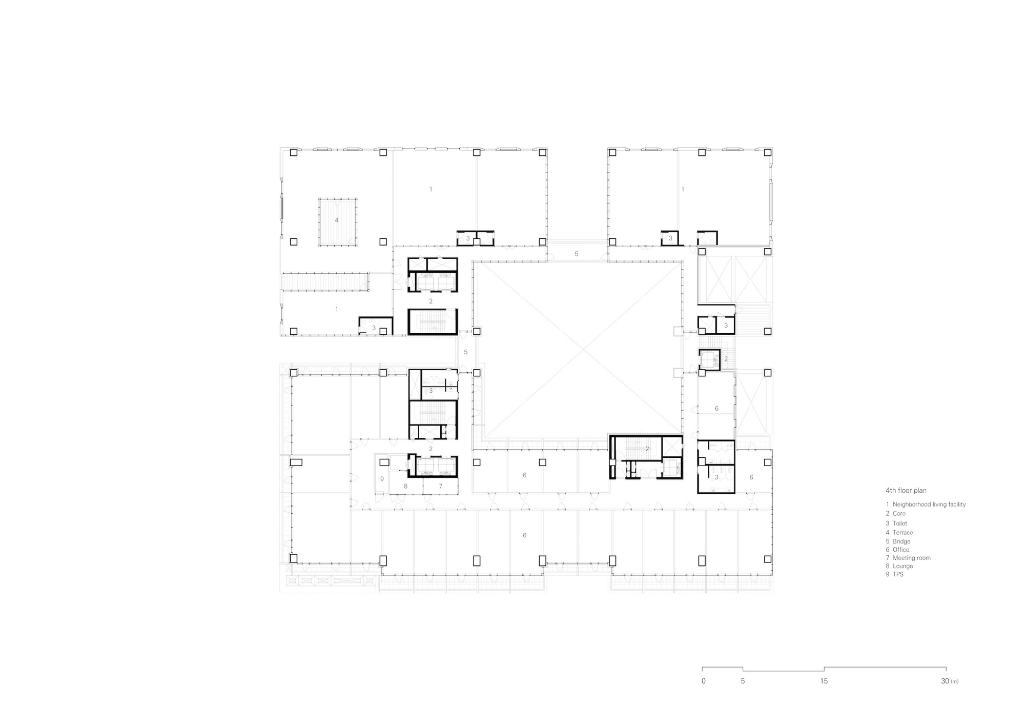 Floor plan drawing showing residential units positioned along the perimeter of a courtyard block