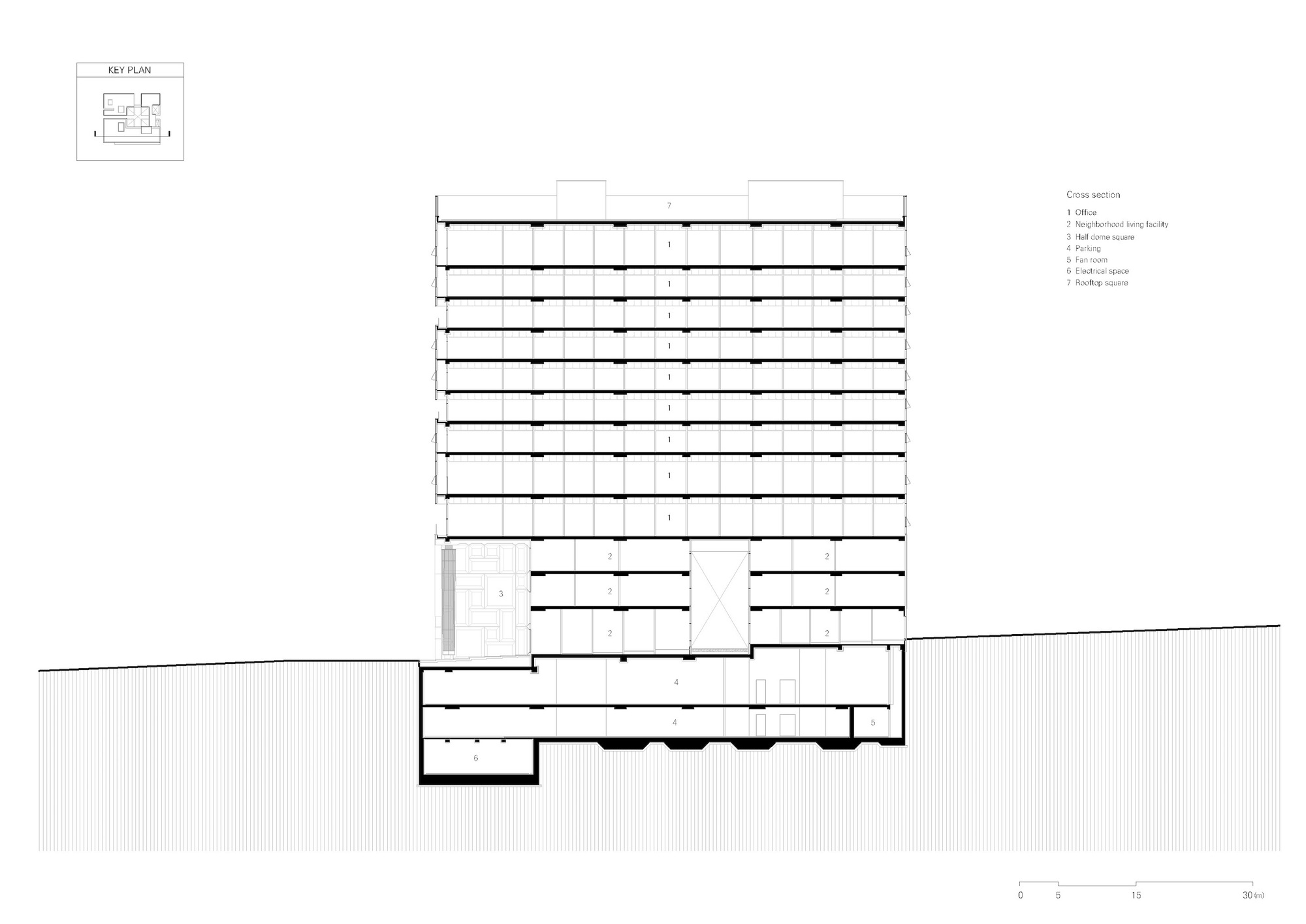 Section drawing showing a stepped tower with horizontal floor plates above a ground-level base