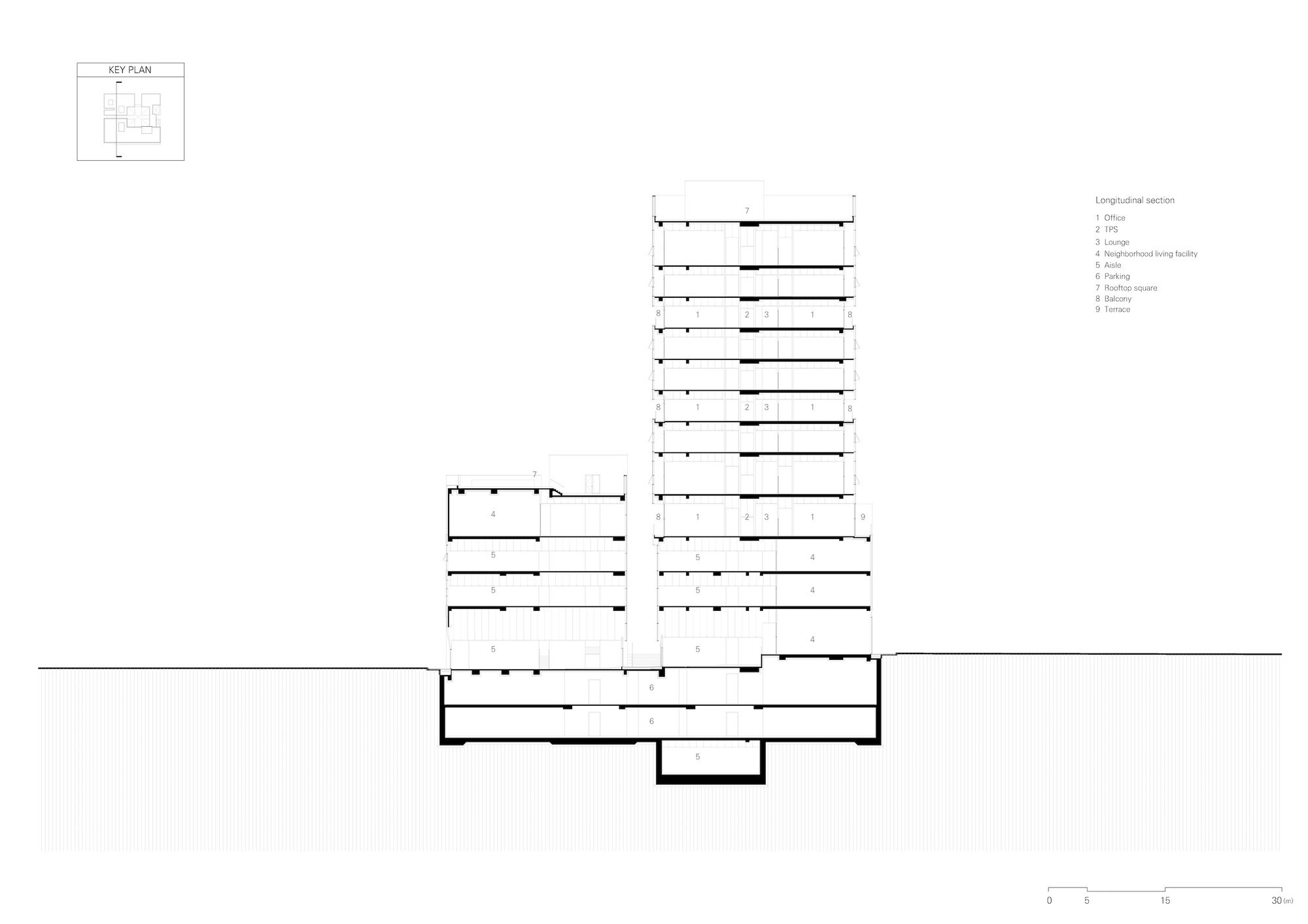 Longitudinal section drawing depicting a multi-story tower with an offset low-rise volume at its base