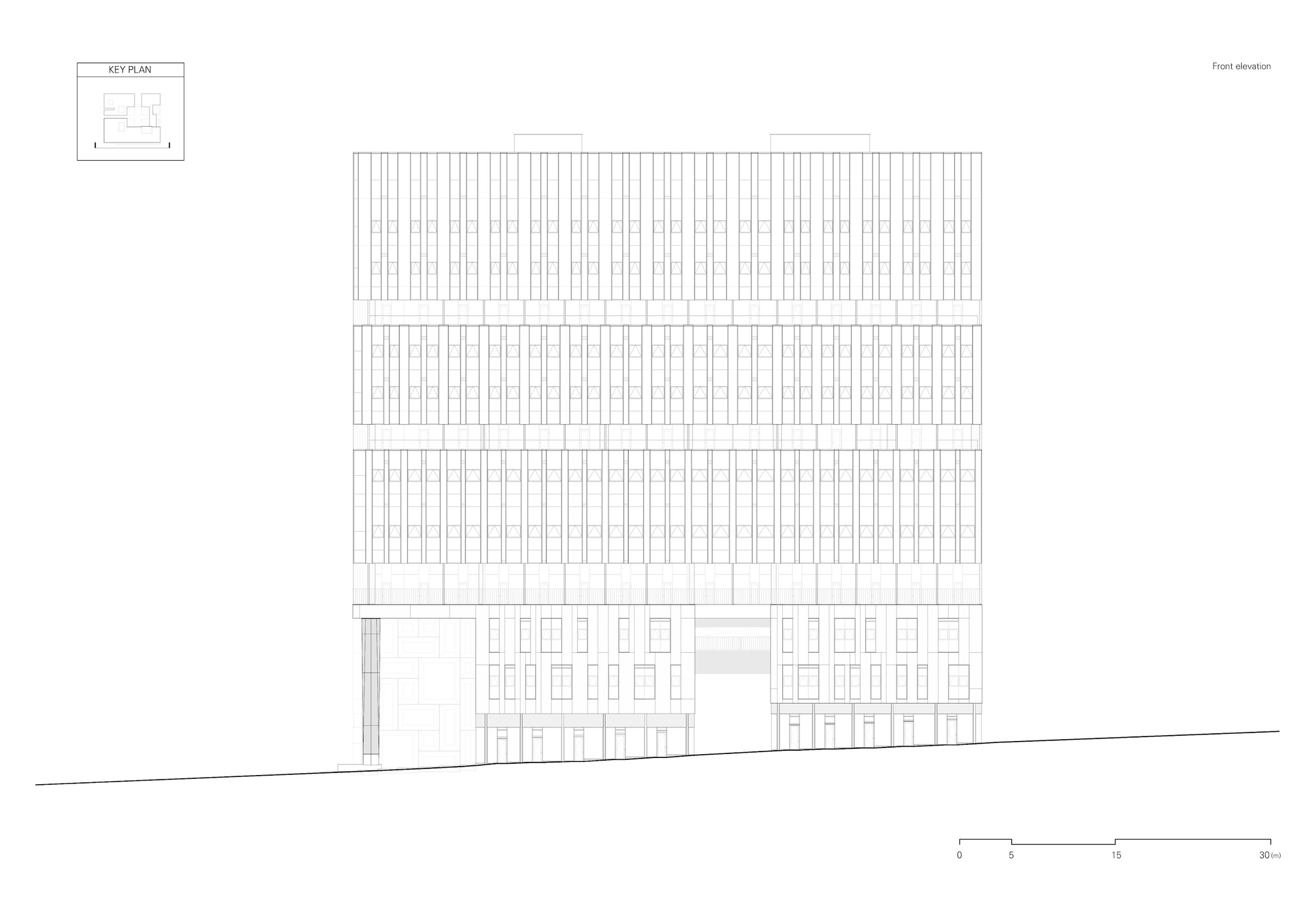 Front elevation drawing showing a tall tower with vertical facade lines above a fenestrated podium
