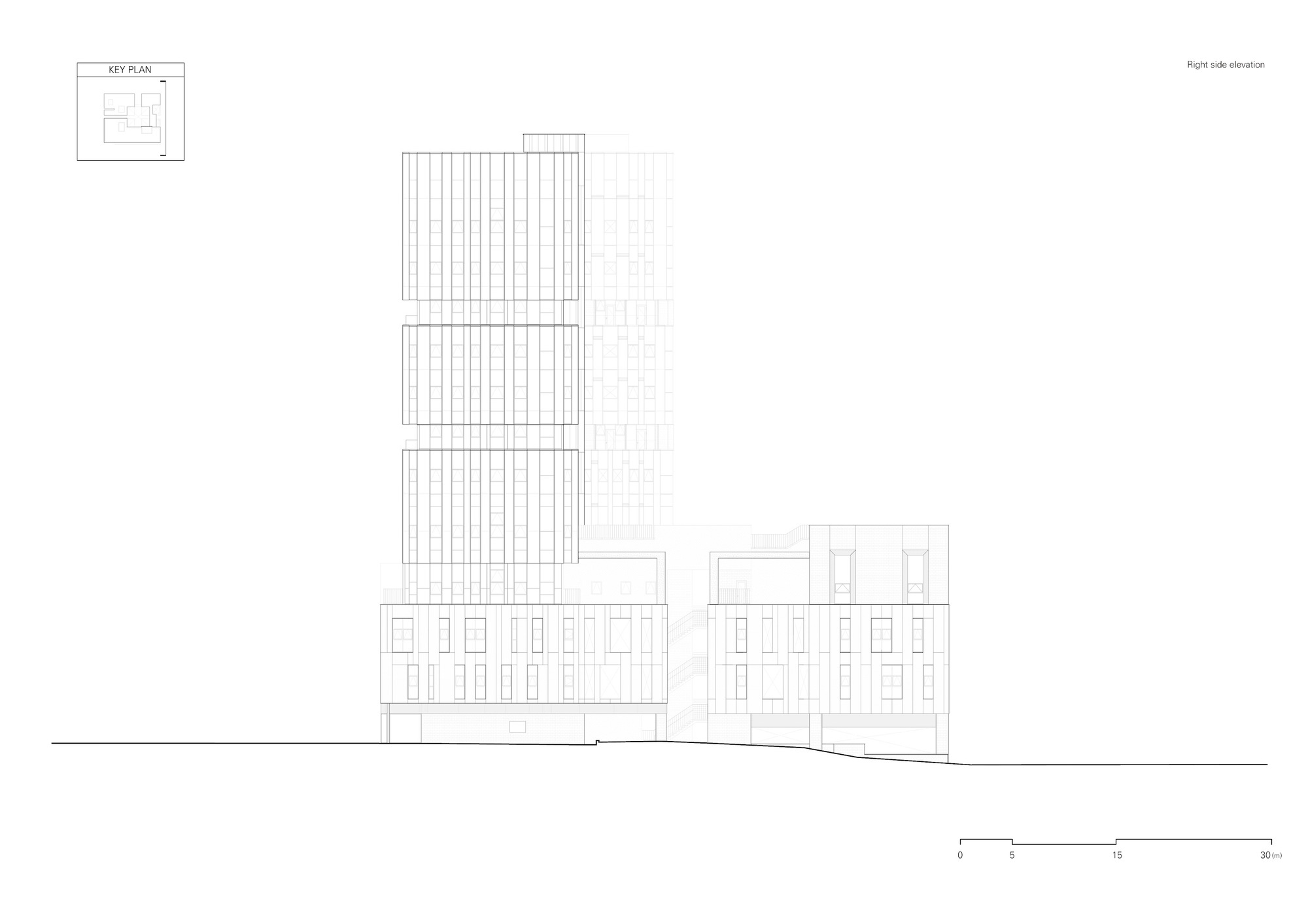 Right side elevation drawing showing a slender tower stepping back from adjacent lower-rise buildings