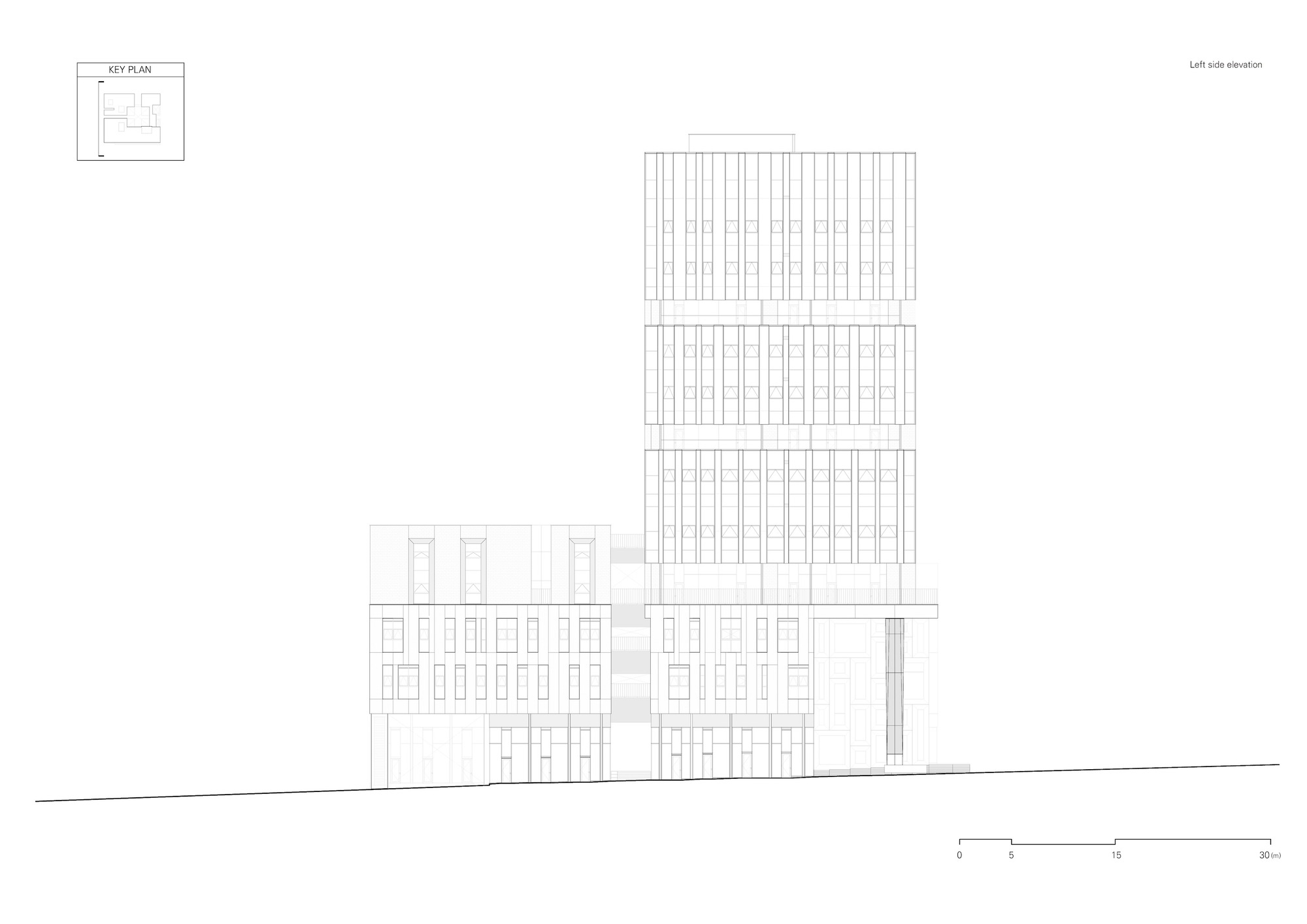 Left side elevation drawing showing a tall tower rising behind a cluster of mid-rise volumes