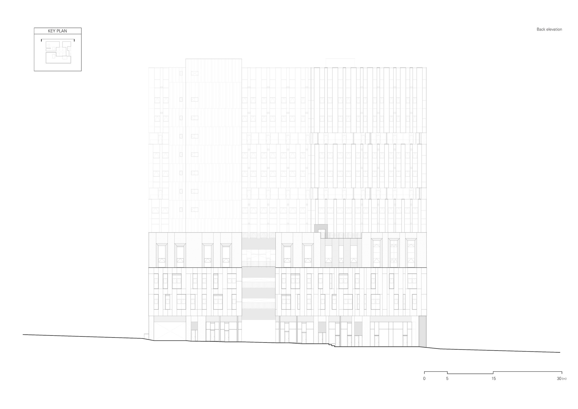 Back elevation drawing showing a tall tower with vertical striations beside lower rectilinear blocks