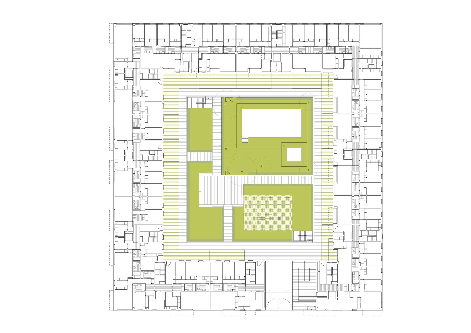 Floor plan drawing showing residential units ringing a central courtyard with landscaped zones in green