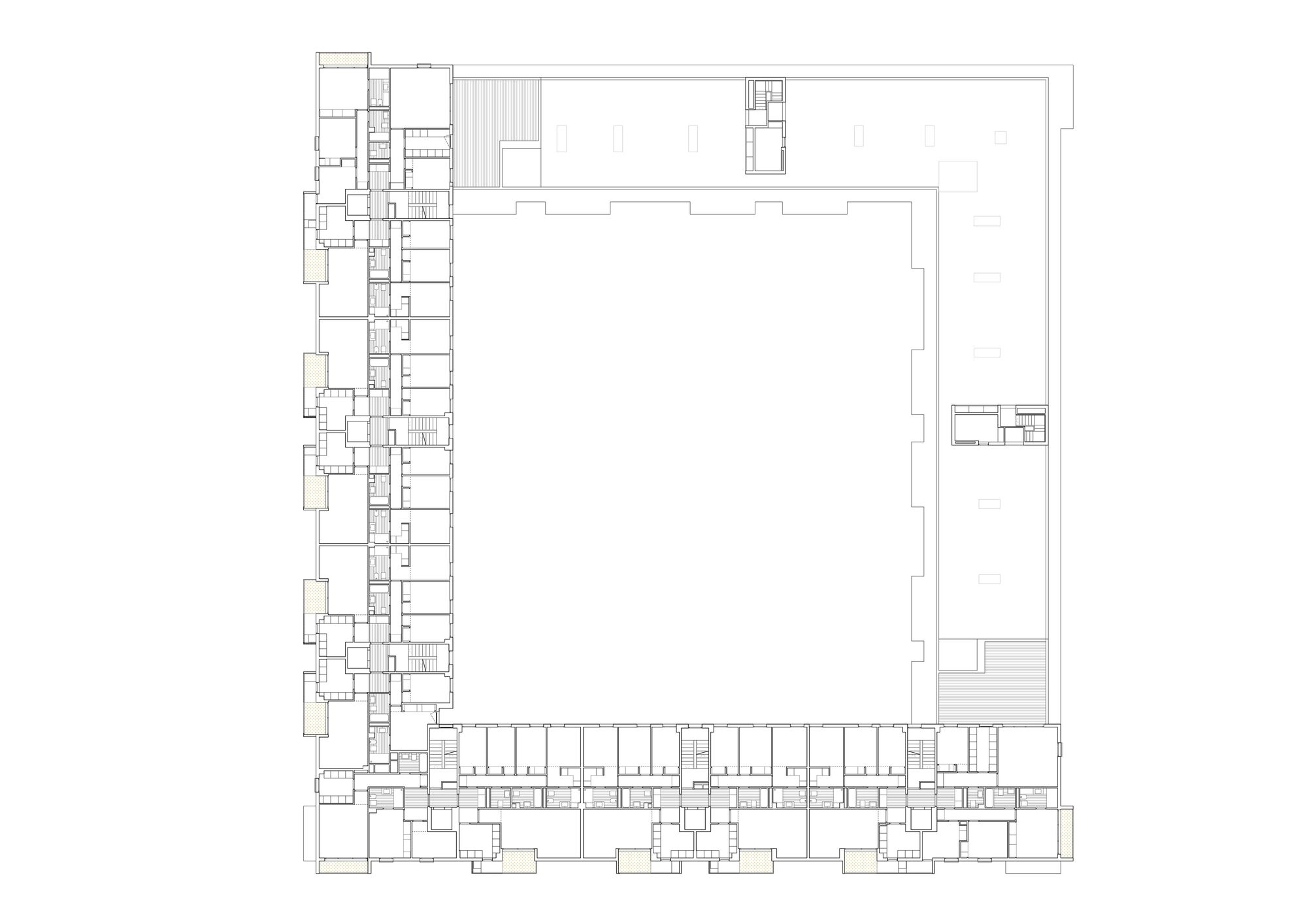 Floor plan drawing showing residential units along three sides and a large open hall at top