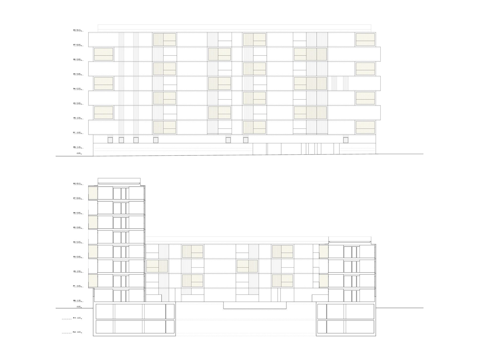 Elevation and section drawings showing the facade grid and interior floor levels with balconies