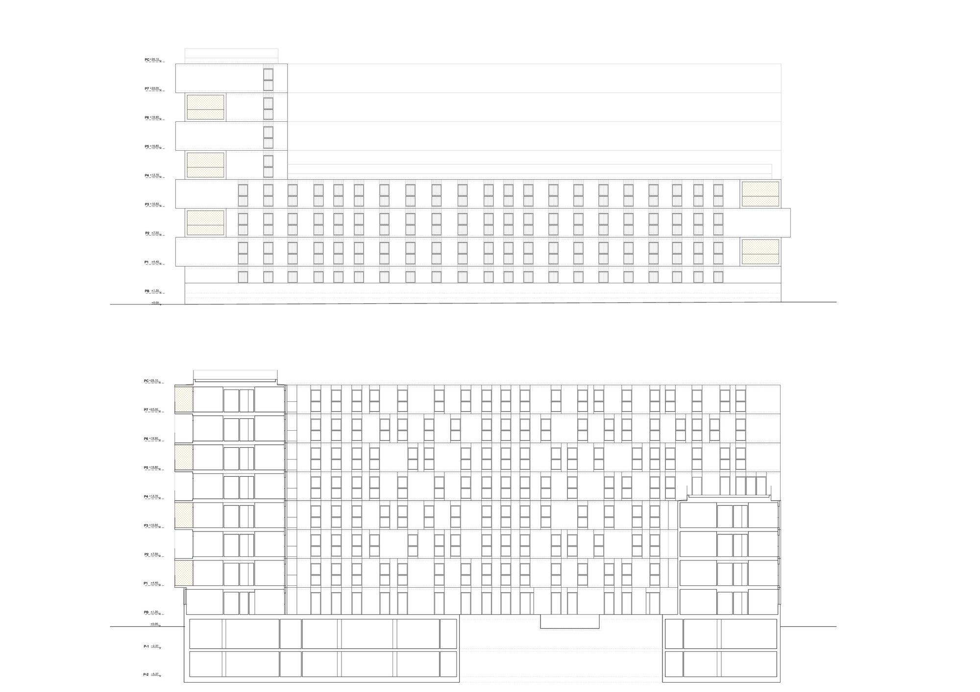 Elevation drawings depicting the facade grid of a housing block with symmetrical tower elements at both edges