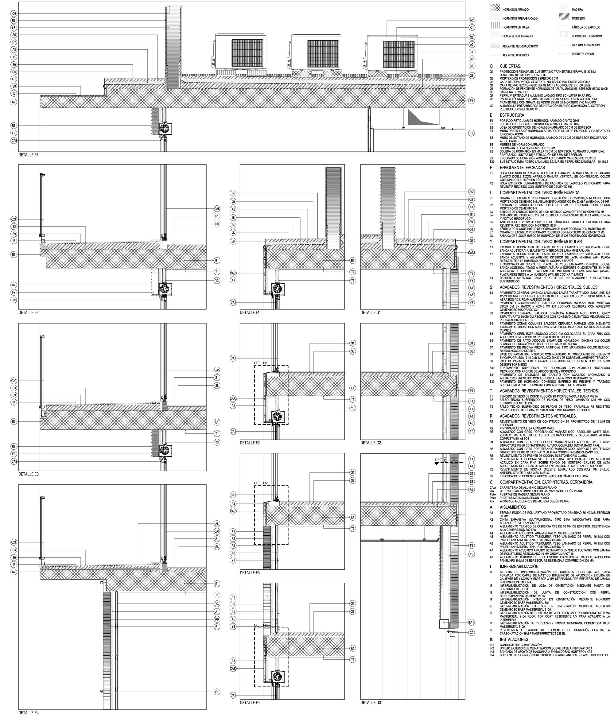 Construction detail sections illustrating wall assemblies, floor slabs, and technical specifications with extensive annotation