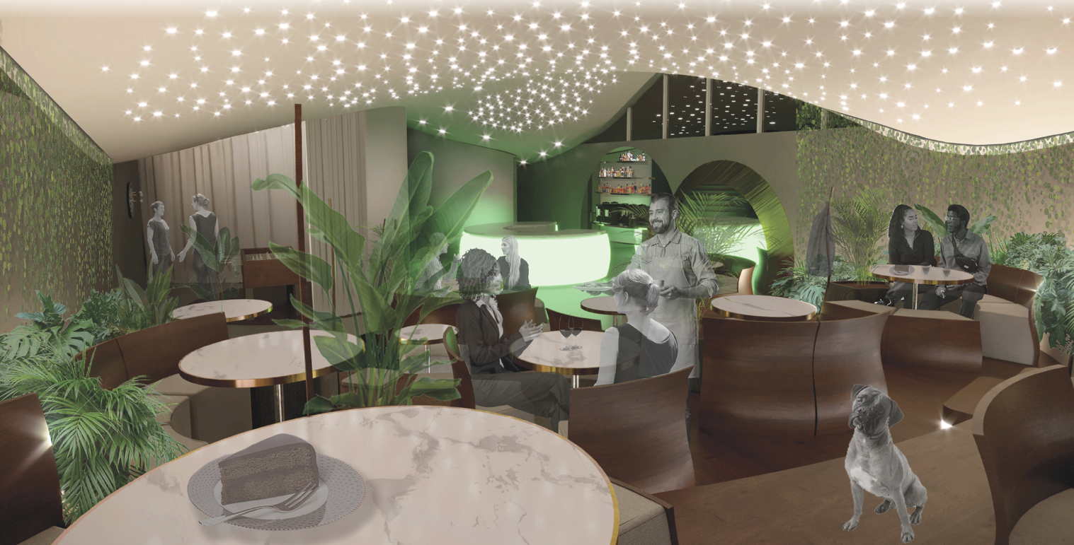 A vibrant café atmosphere illuminated by sculptural lighting, combining Viennese coffeehouse tradition with contemporary design.