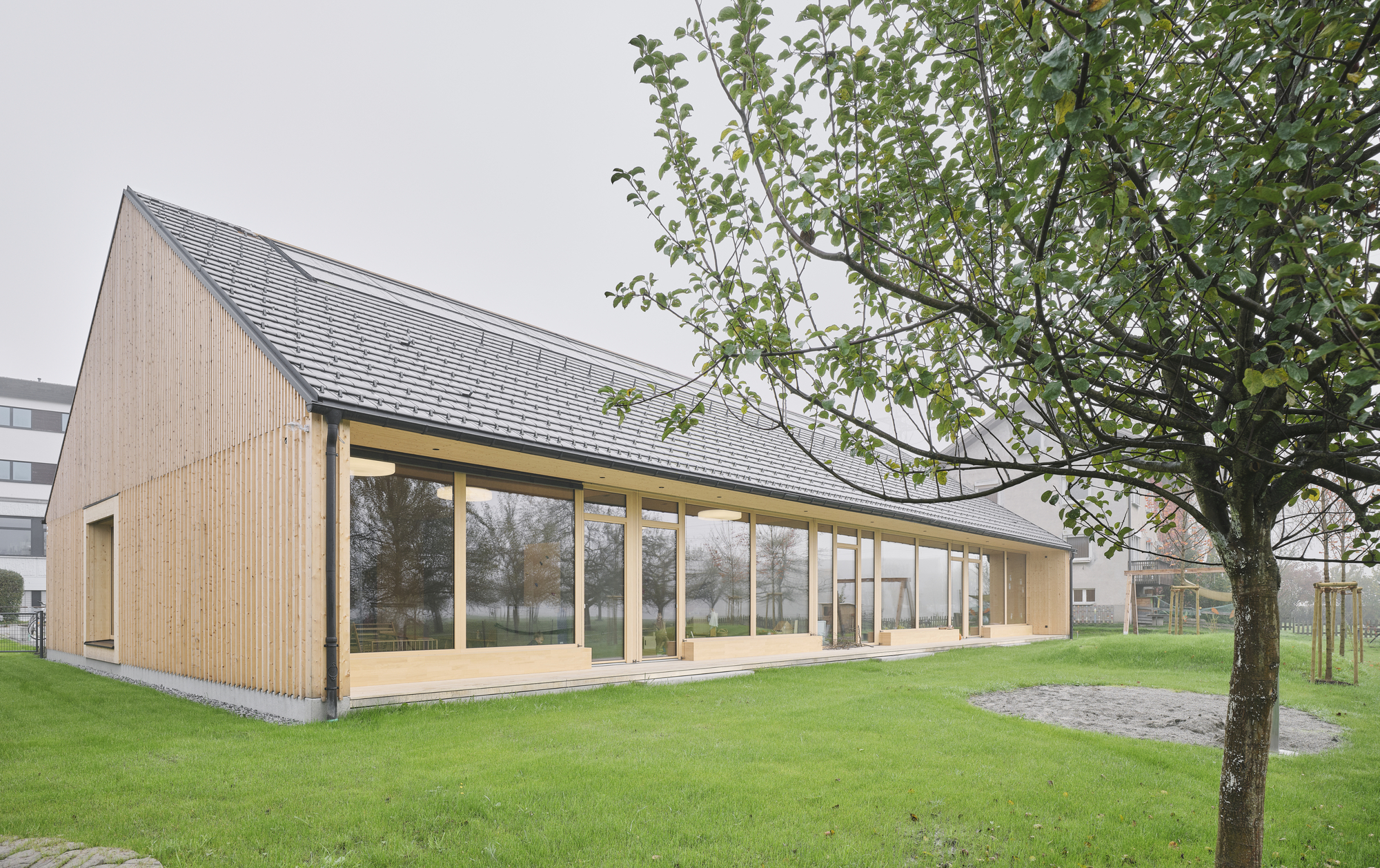 Timber-clad gable building with full-height glazed facade framed by a deciduous tree on a lawn