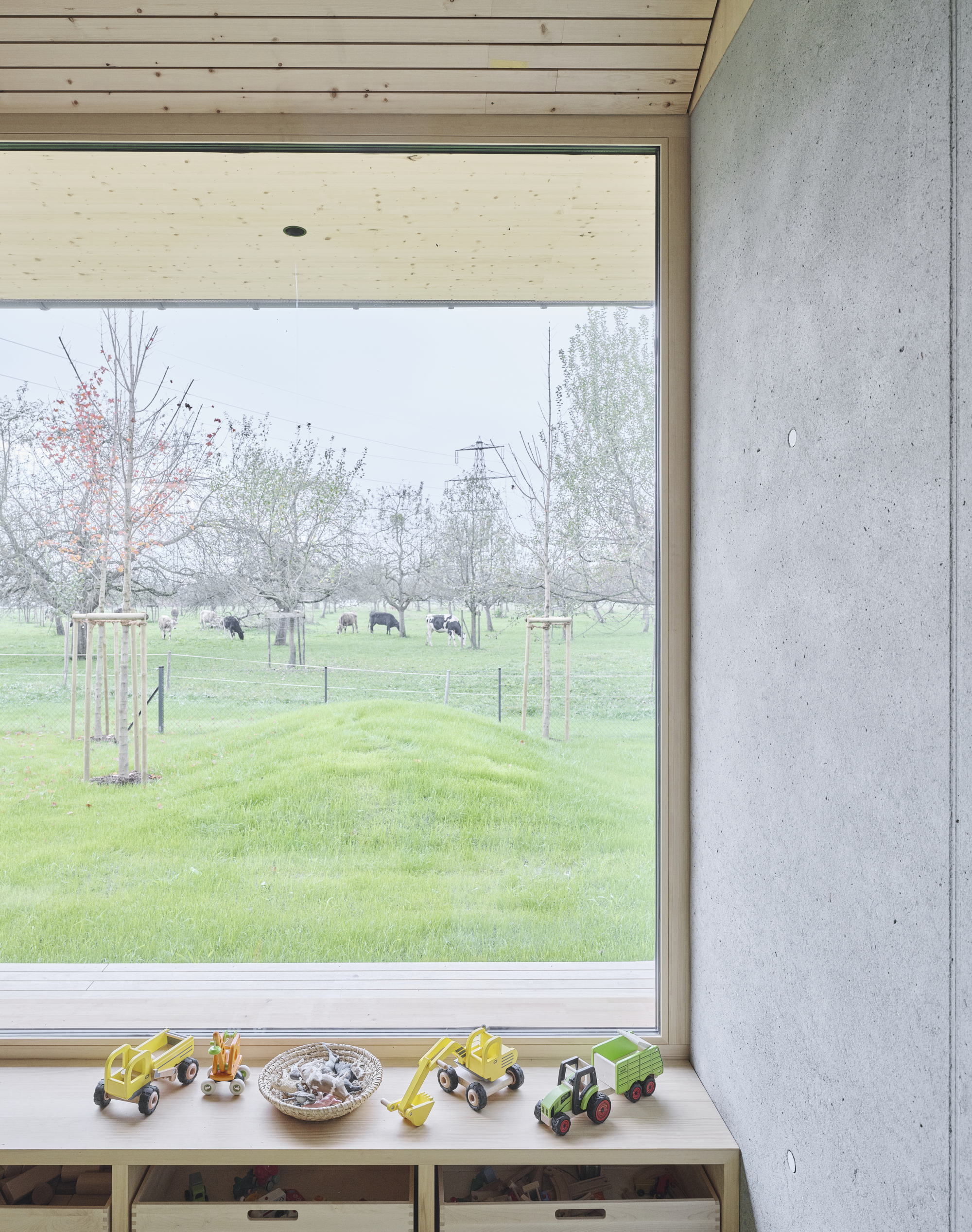 Corner window detail with toy tractors on the sill and cattle grazing beyond the young orchard
