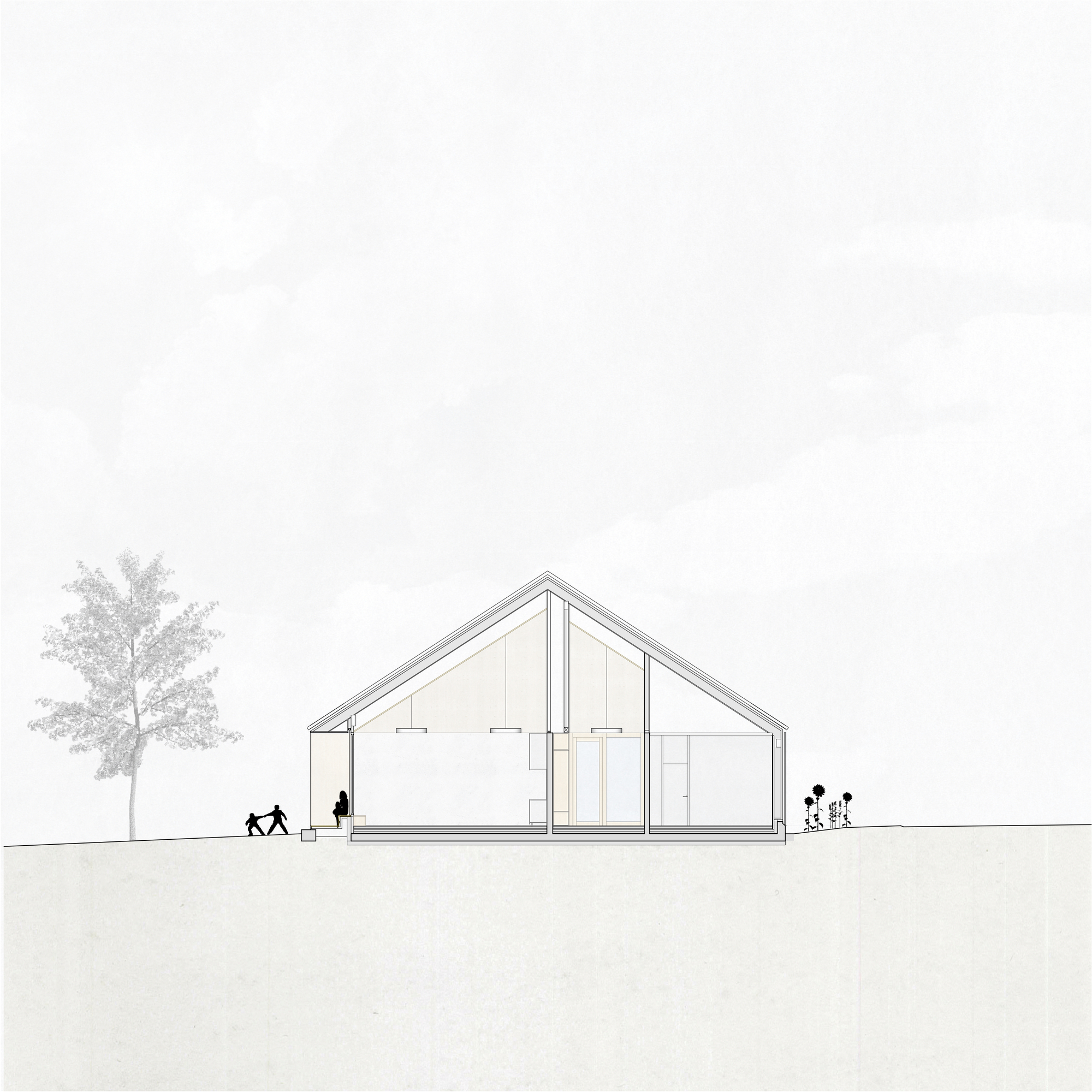 Section drawing revealing gabled volume with exposed timber structure and figures beneath a tree