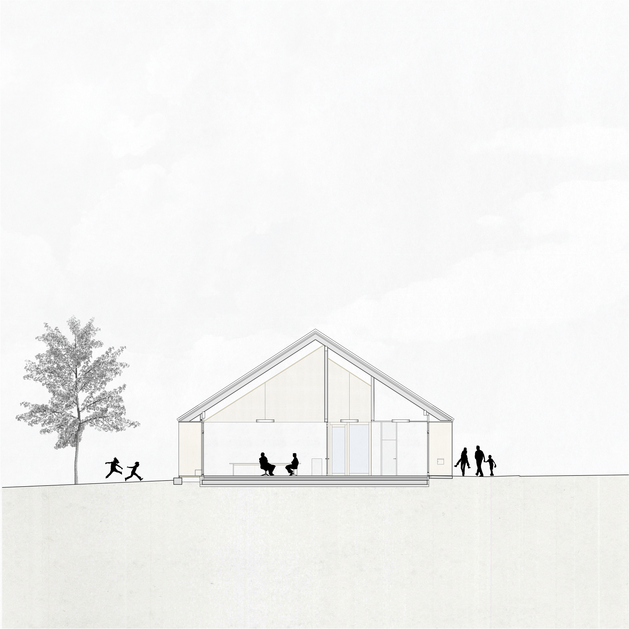 Section drawing showing interior activities under gabled roof with families walking on either side