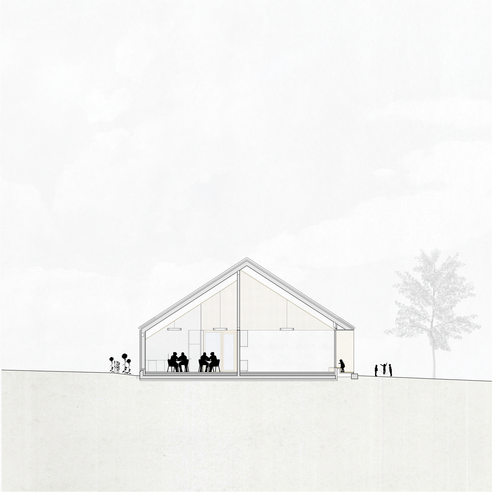 Section drawing of a gabled pavilion with people seated inside and figures beside a tree