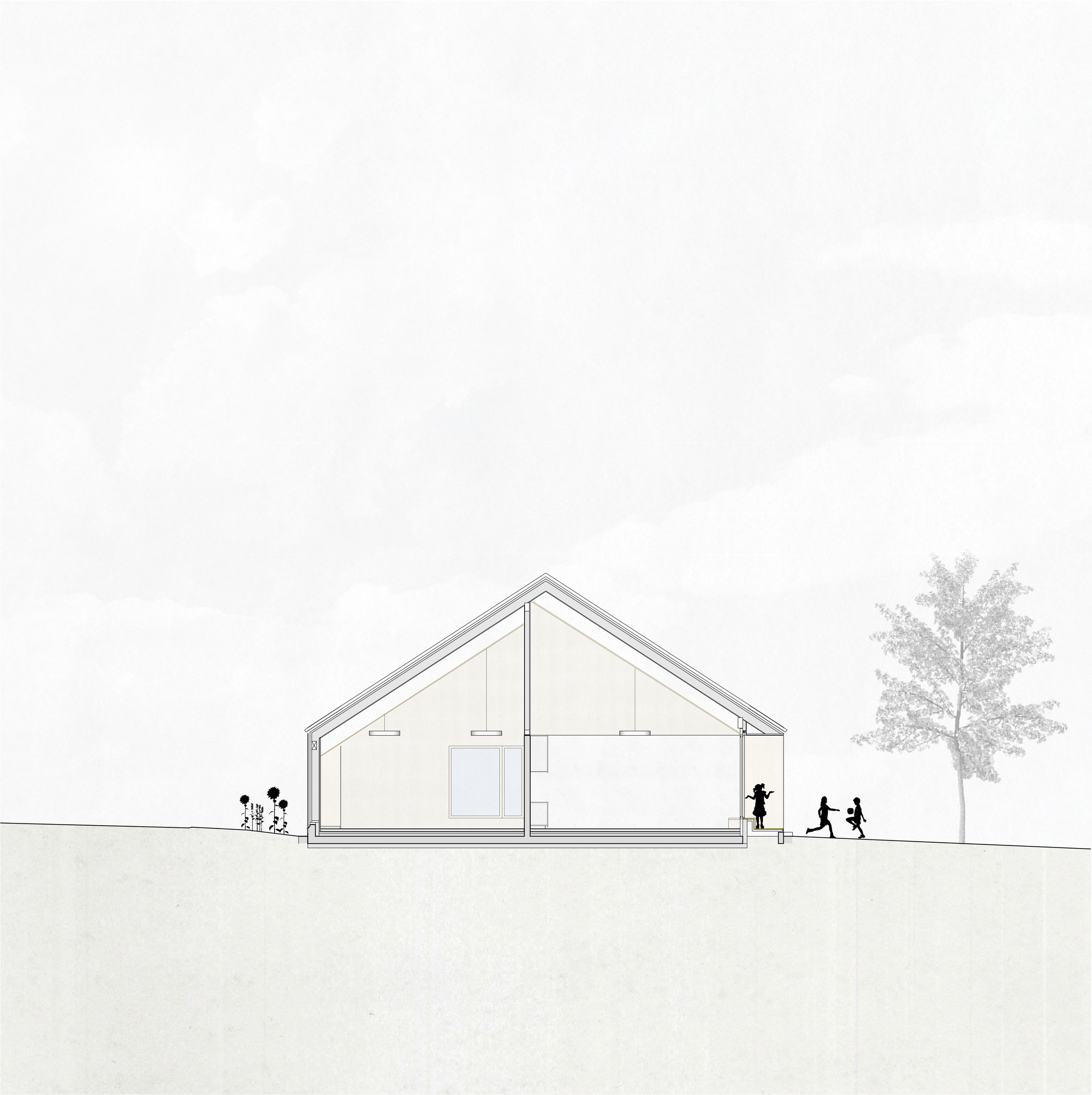 Section drawing of a gabled pavilion with running children and a tree in the foreground
