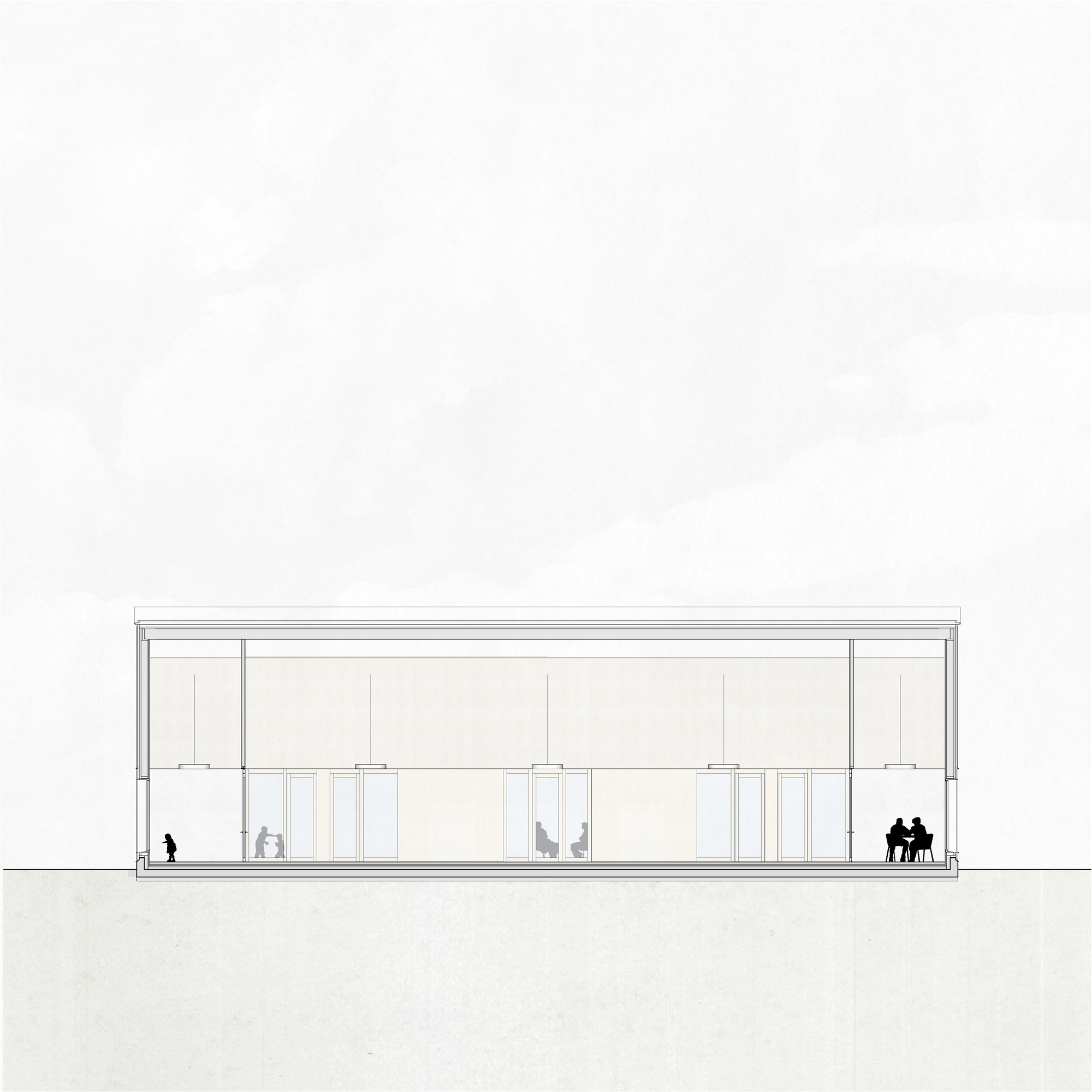 Section drawing of a flat-roofed pavilion with glazing and figures distributed across the interior