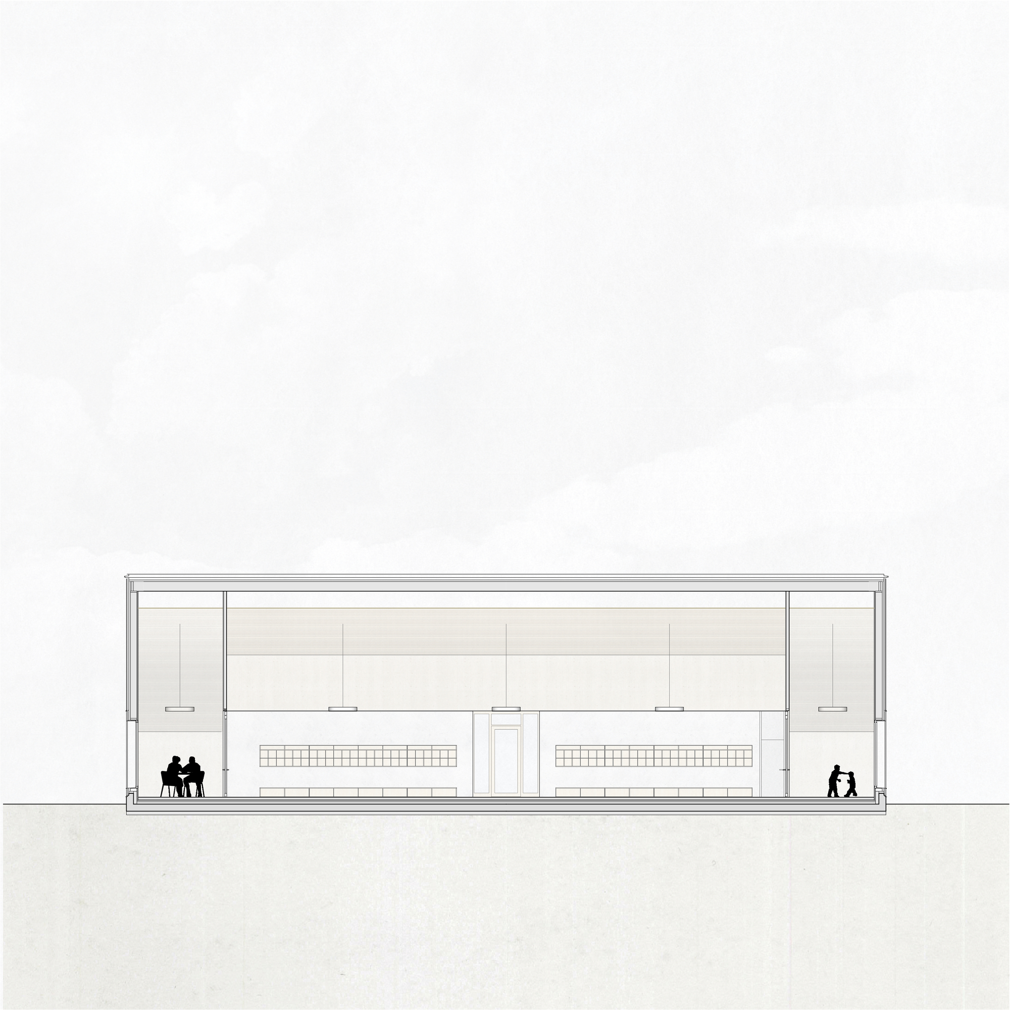 Section drawing of a flat-roofed pavilion showing two interior bays with tiered seating