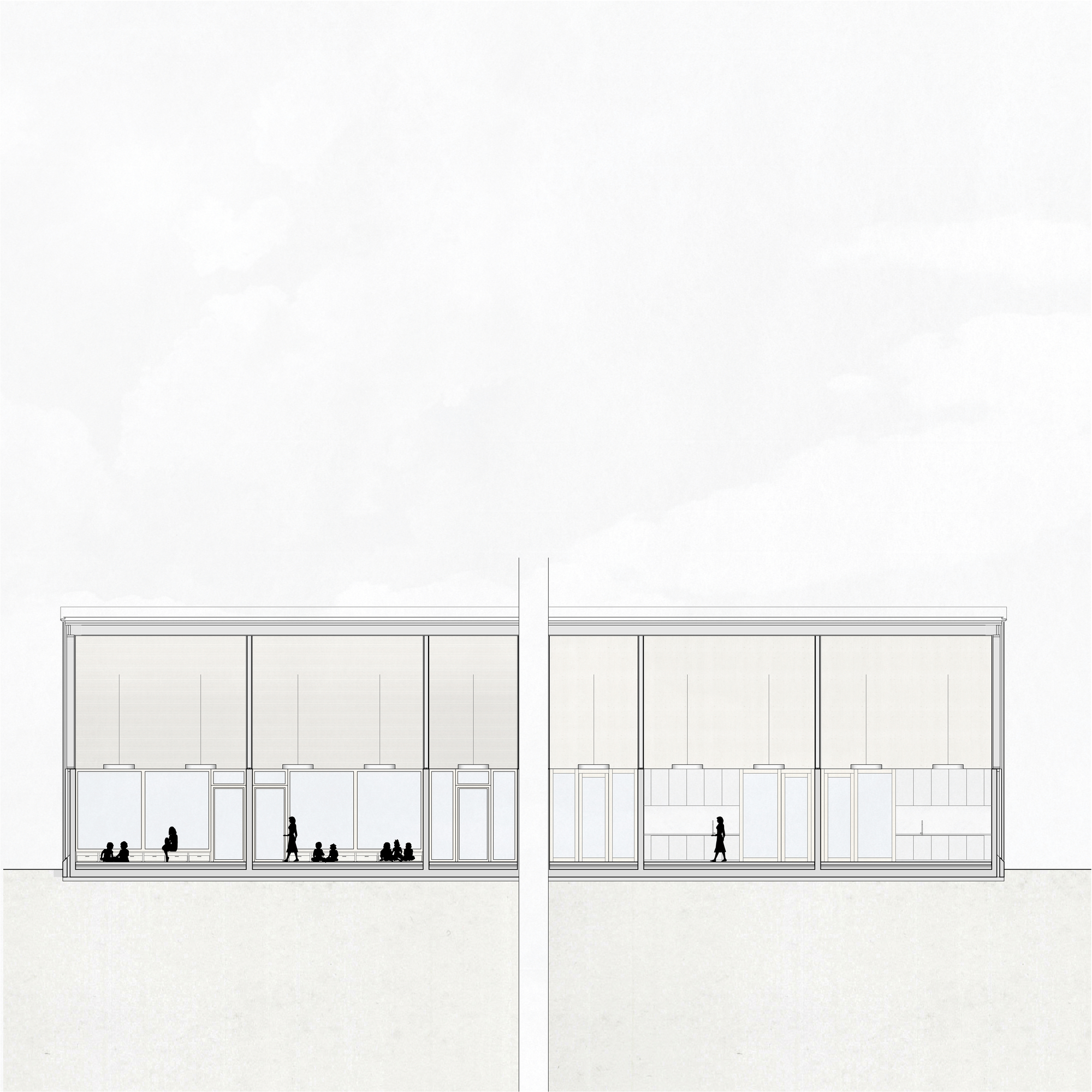 Section drawing showing two connected pavilion volumes with figures and tiered seating in one bay