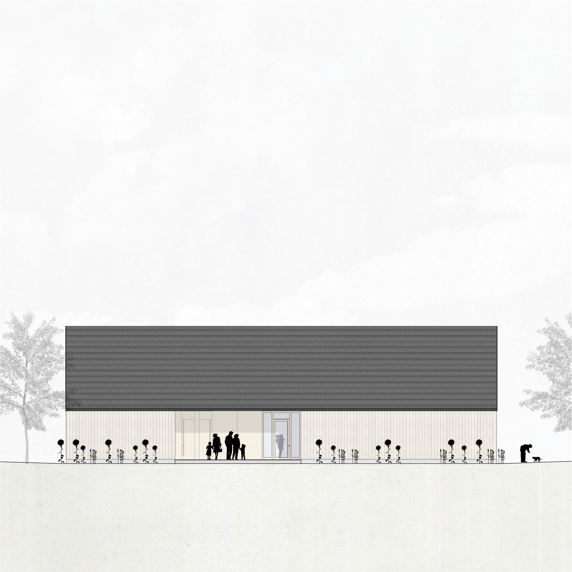 Elevation drawing of a long gabled barn with vertical siding, people, planted beds and flanking trees