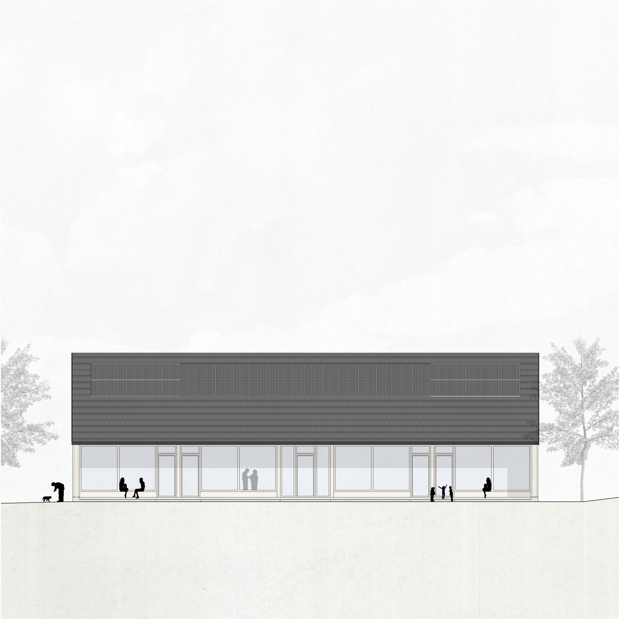 Elevation drawing showing a long single-story building with glazed facade and dark corrugated roof with silhouetted figures and trees