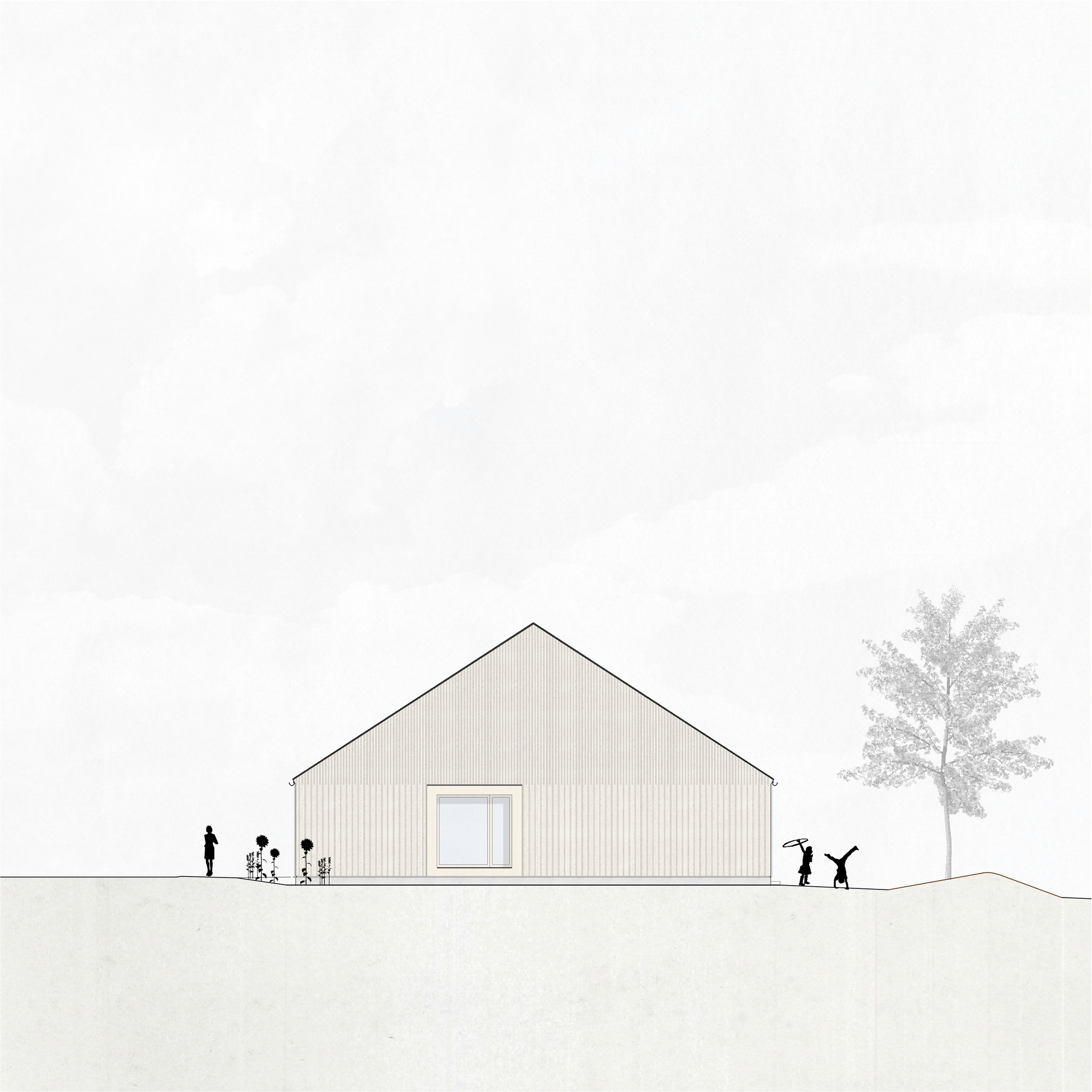 Elevation drawing of a gable-roofed volume with vertical cladding and a single square window with figures and vegetation