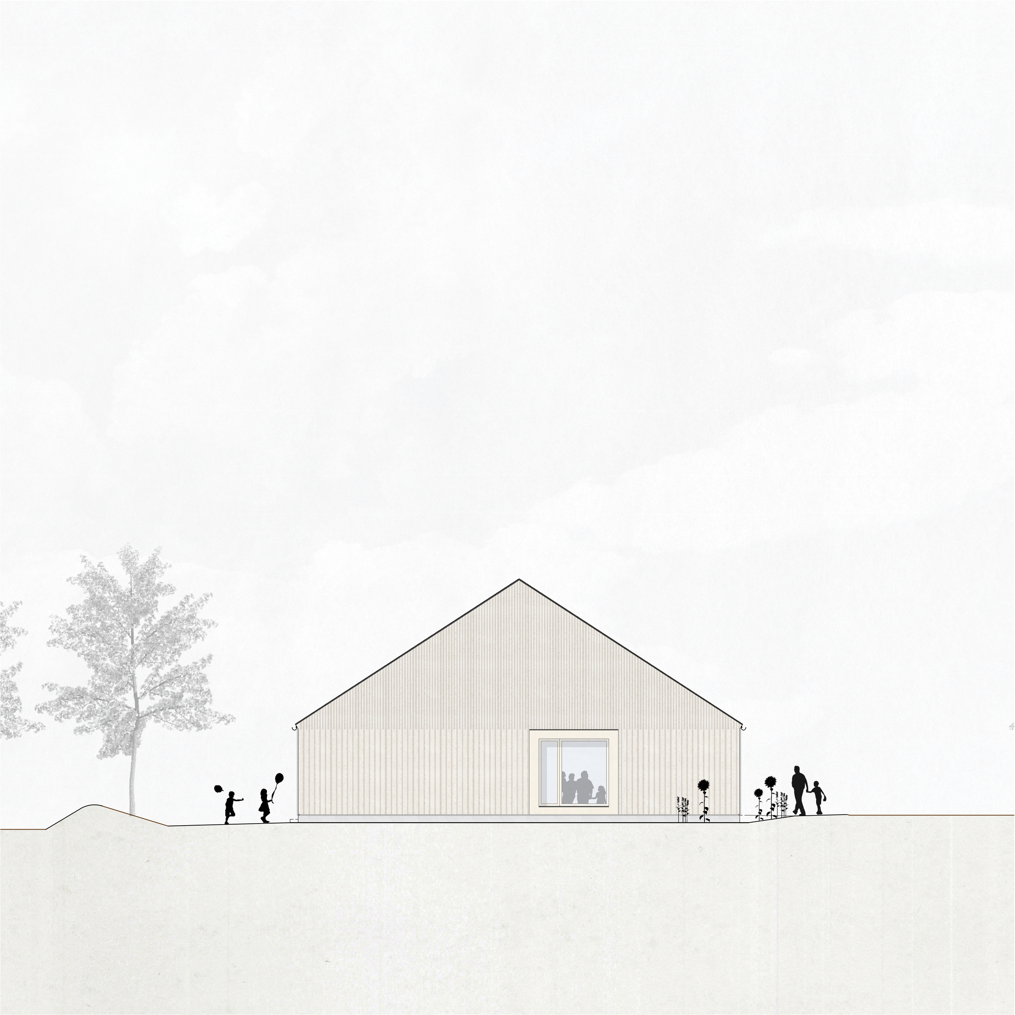 Elevation drawing of a gable-roofed volume with vertical cladding and a centered window showing silhouetted figures inside and outside