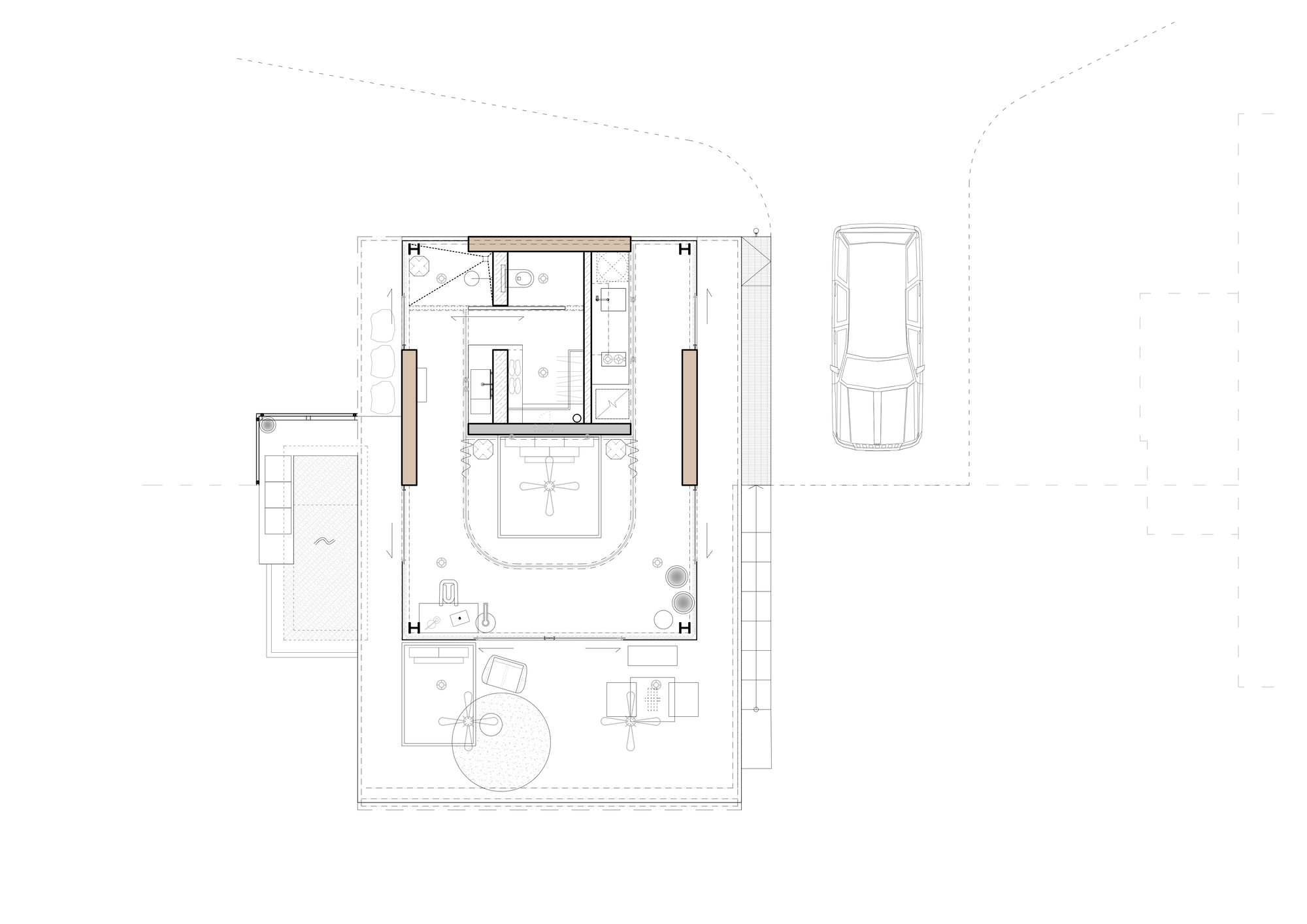 Floor plan drawing showing compact residence with central courtyard and attached carport