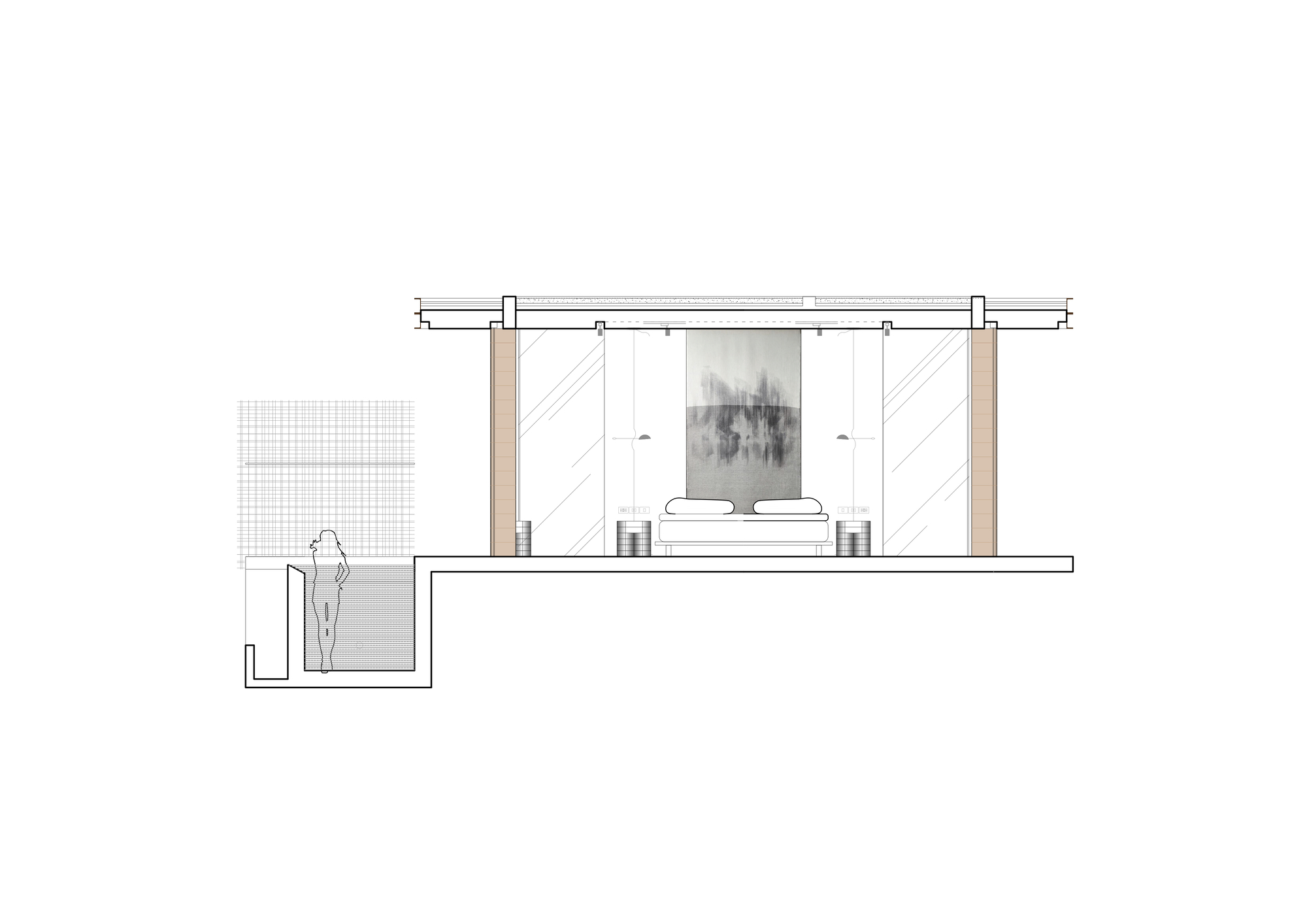 Section drawing showing a bedroom with sliding barn doors and an adjacent sunken bath