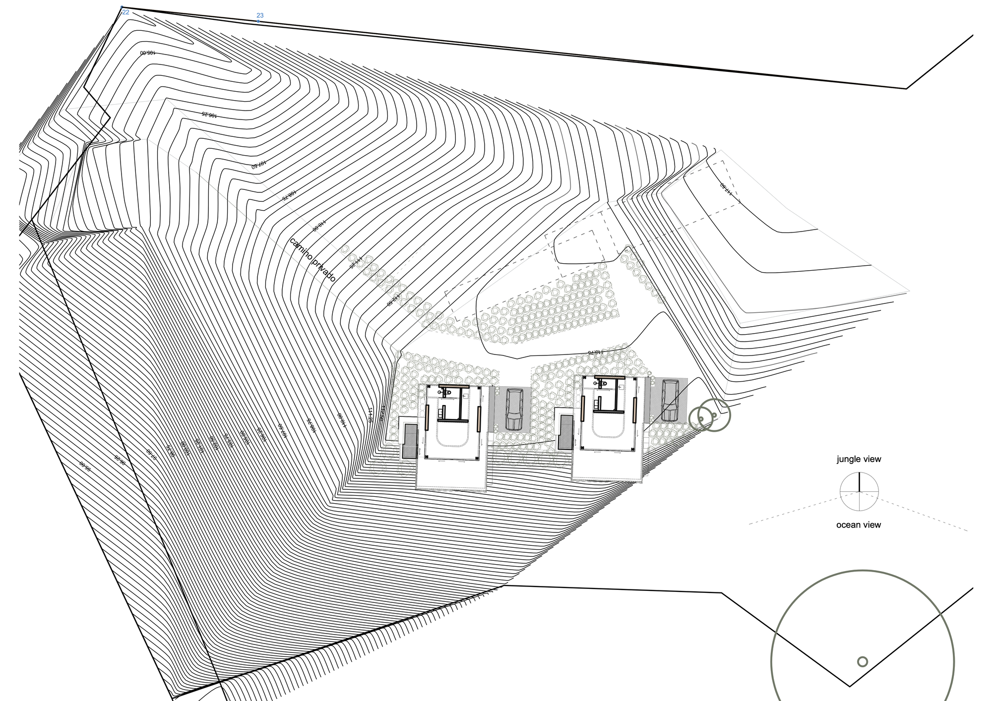Site plan drawing showing two rectangular volumes nestled into contoured topography