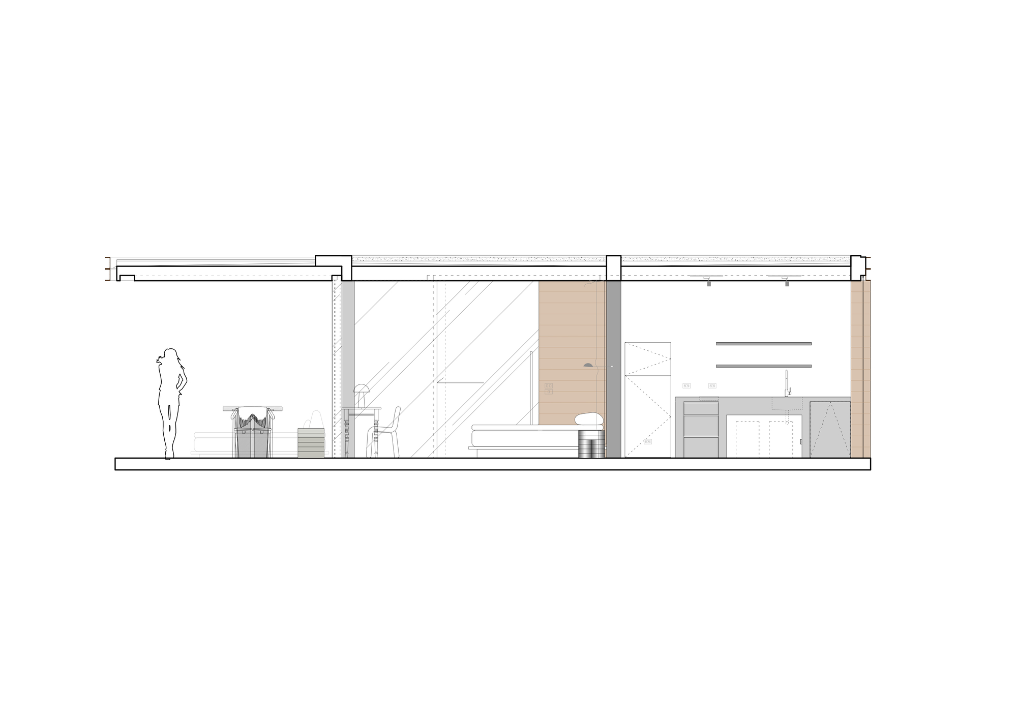 Section drawing depicting kitchen and living areas with timber cladding and glass partitions