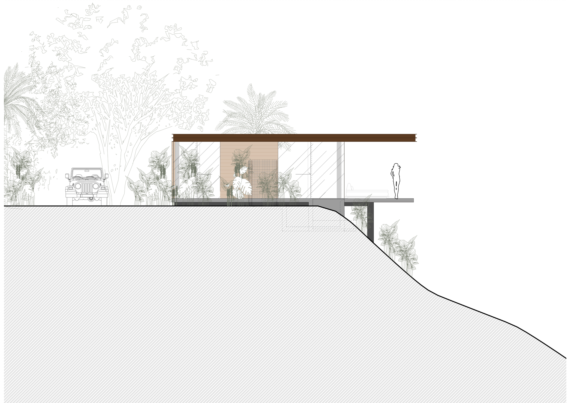 Section drawing showing a flat-roofed pavilion perched on a sloped hillside with surrounding trees and a vehicle