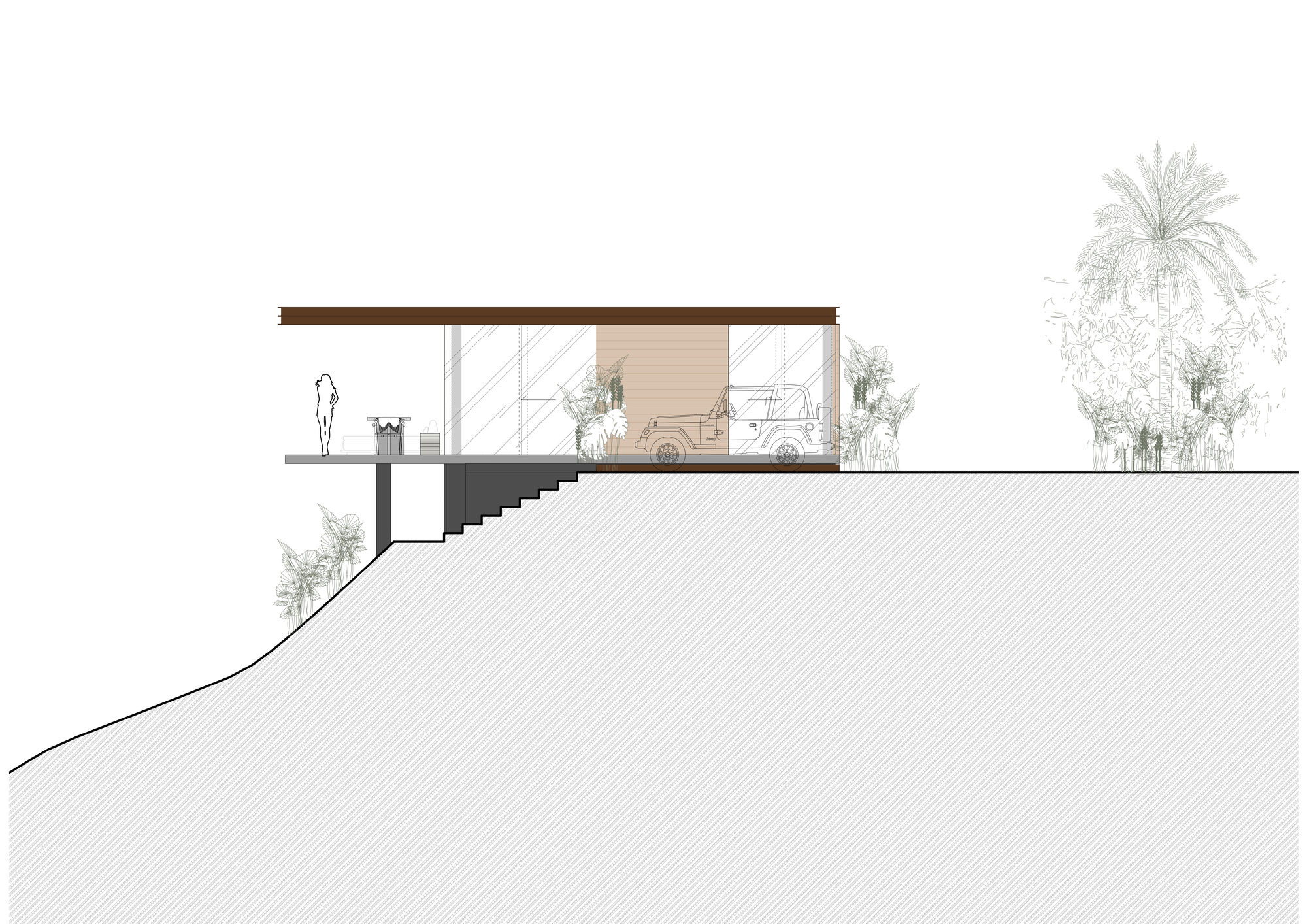 Section drawing revealing the stepped interior levels and cantilevered terrace extending from the hillside structure