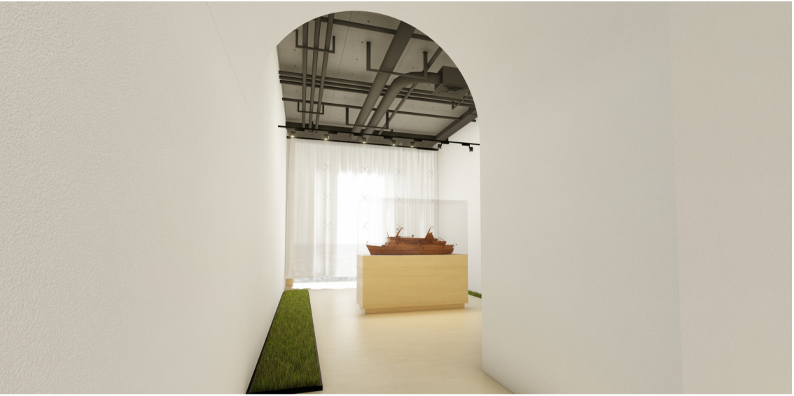 Transitional gallery corridor framing the museum’s immersive arrival experience above the Adriatic Sea.