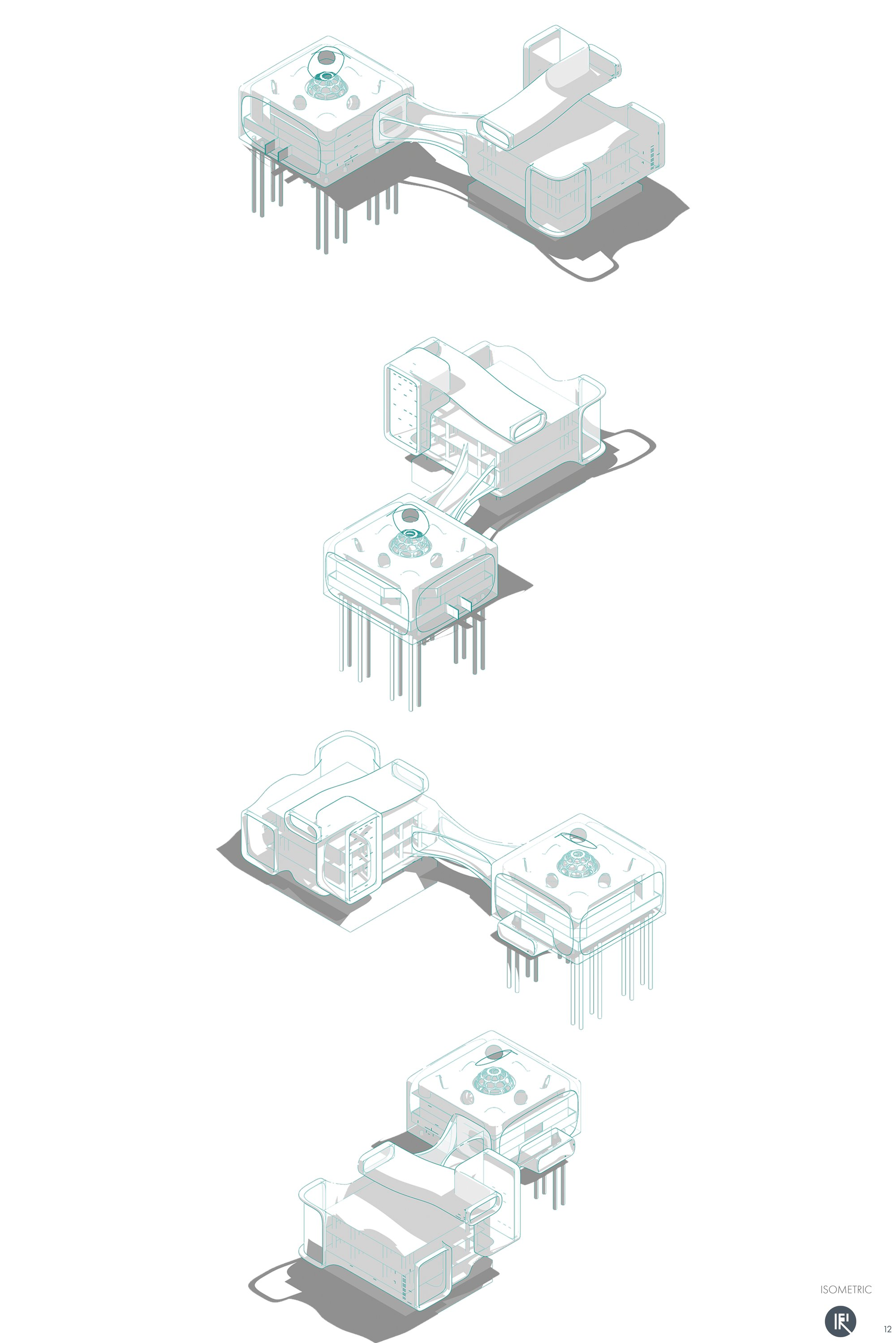 Isometric architectural diagrams showcasing the interconnected spatial systems of the adaptive offshore structure.