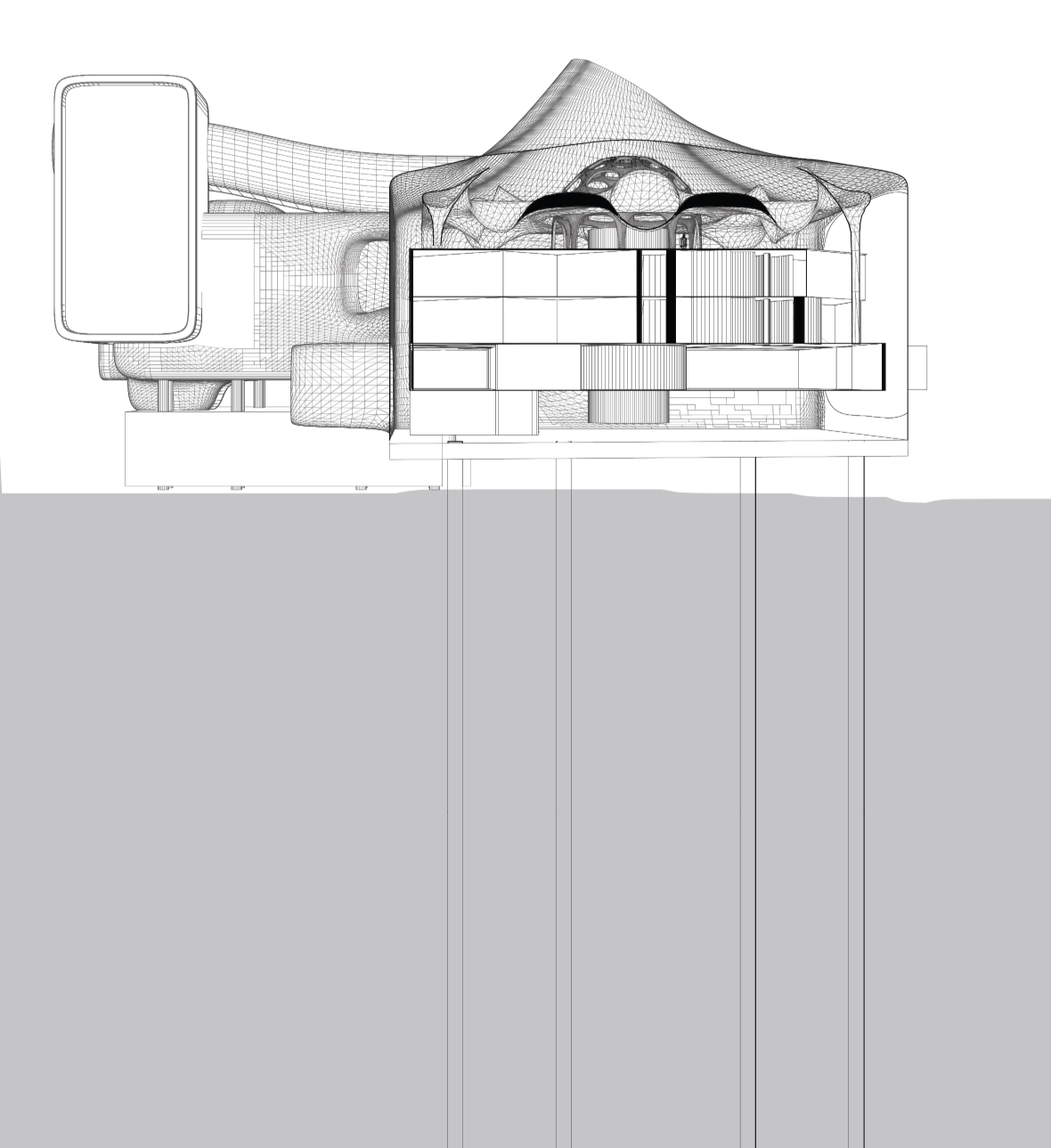 Sectional drawing revealing the layered spatial organization and structural adaptation of the floating museum.