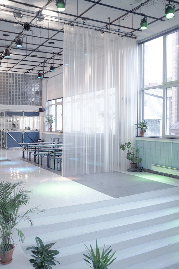Sheer fabric divider suspended from the exposed ceiling grid with potted plants arranged below