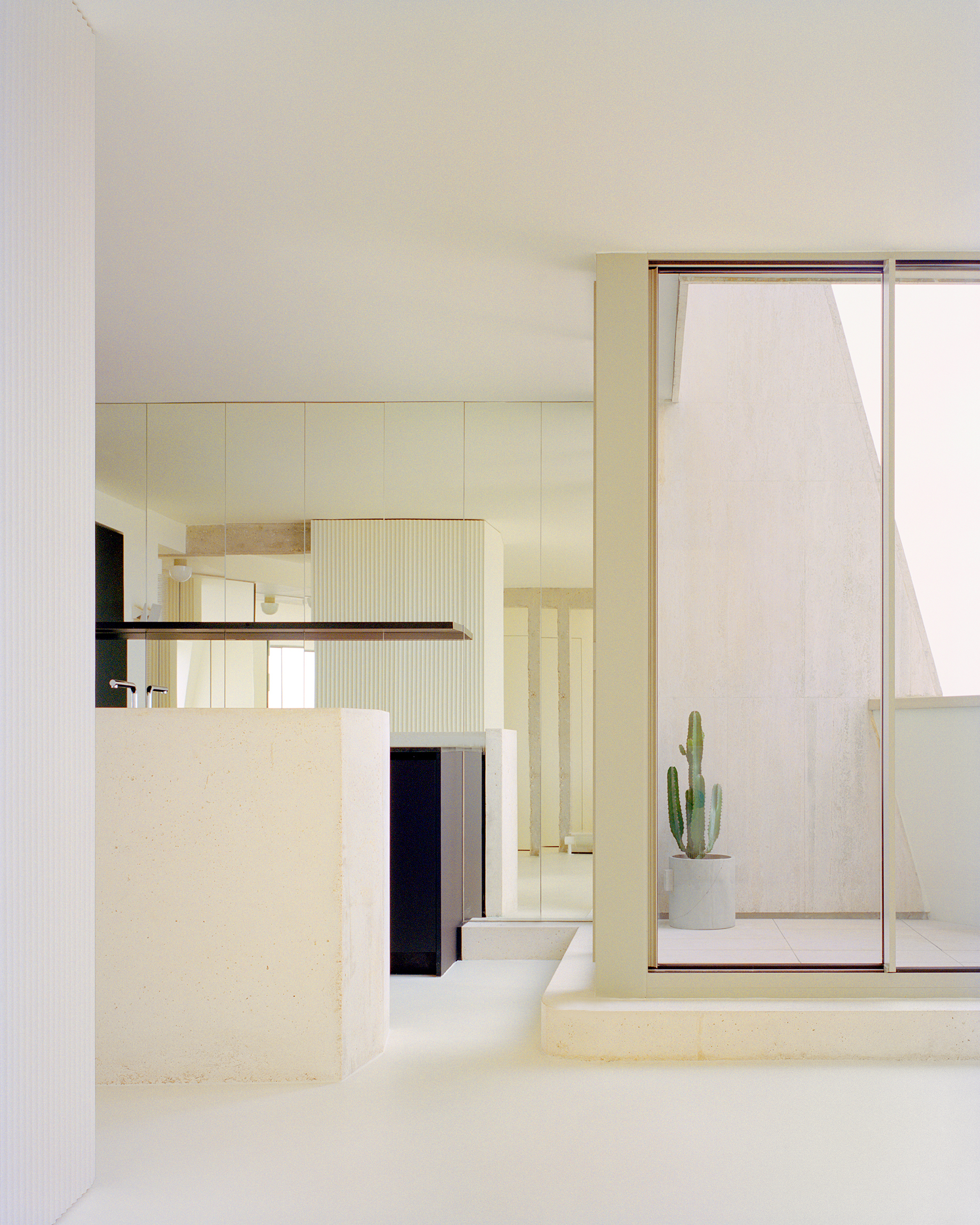 View through the kitchen island toward a glazed courtyard with a potted cactus in soft daylight