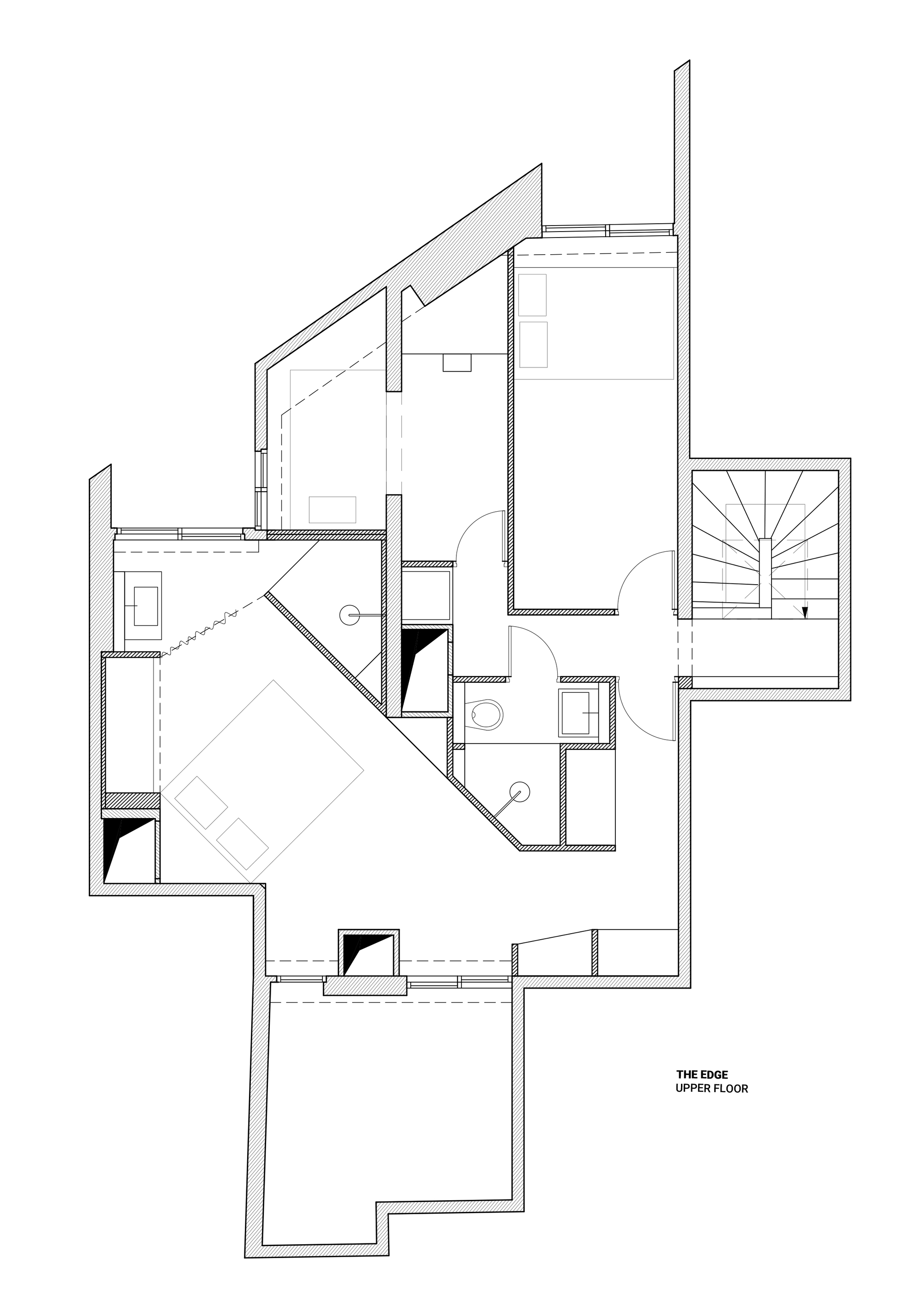 Floor plan drawing showing upper level with bedroom, bathroom and sloped roof line