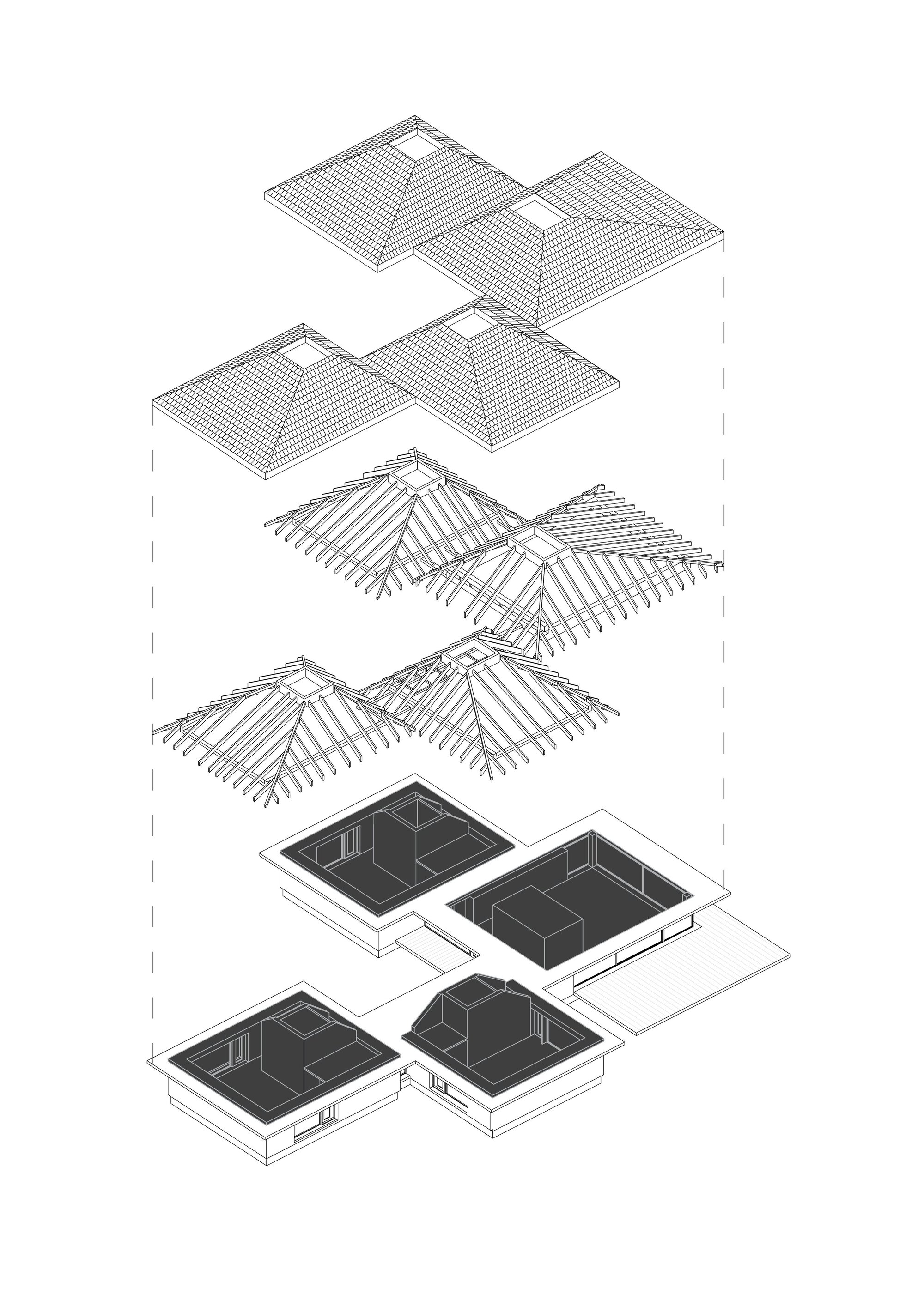 Exploded axonometric drawing showing roof structure, timber framing, and interior volumes of four connected pavilions