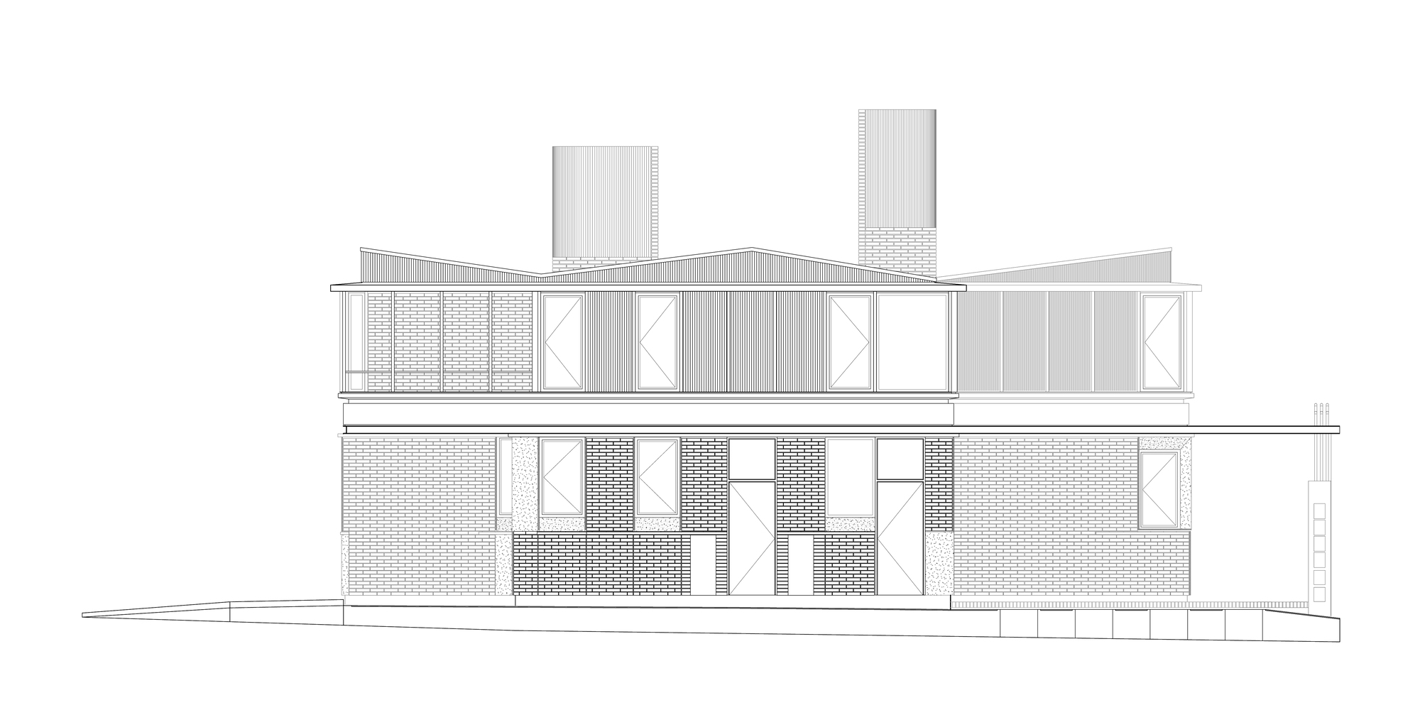 Elevation drawing showing two-story facade with upper deck balustrade, brick panels, and two chimney stacks