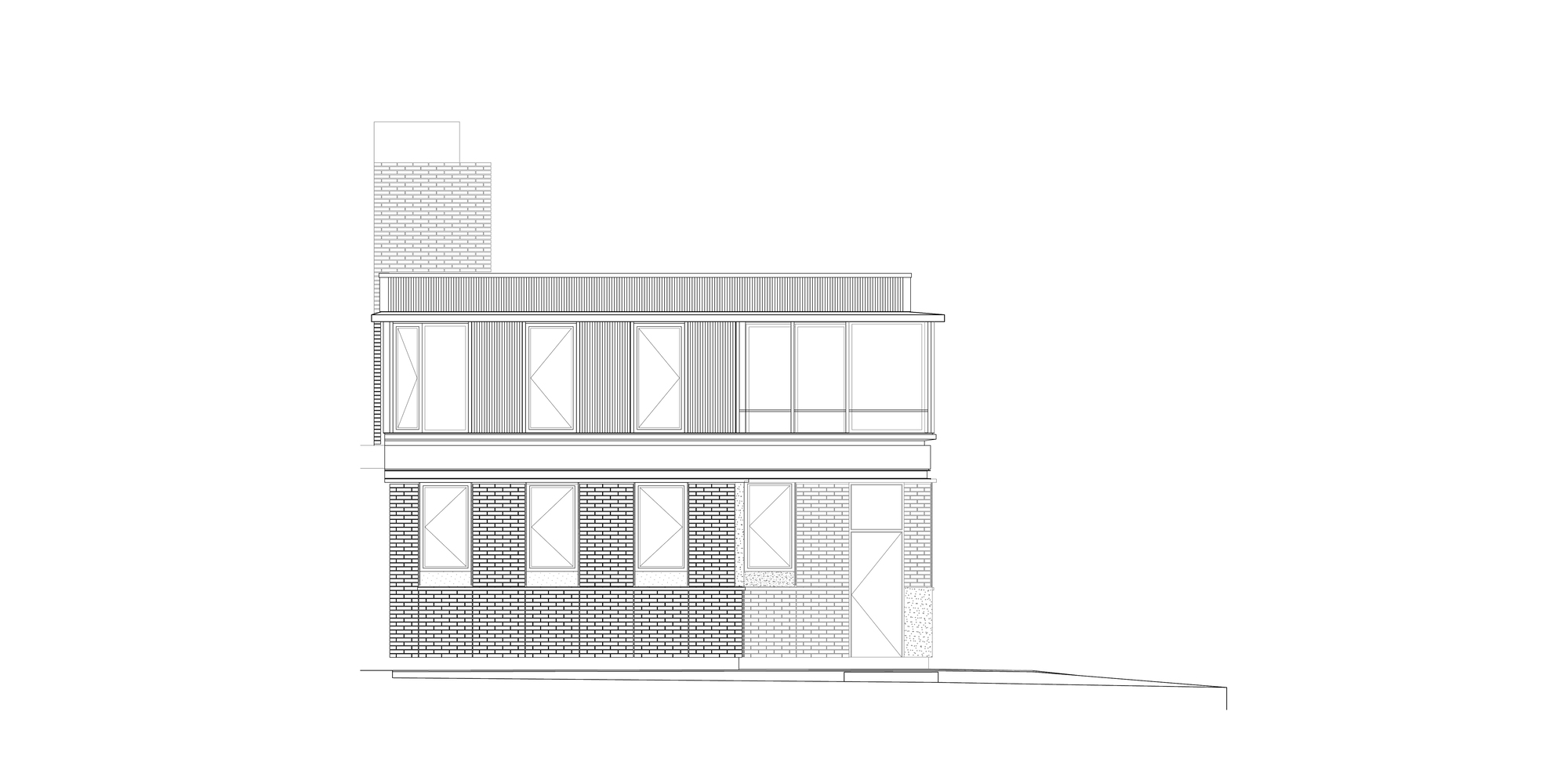 Elevation drawing showing side facade with brick chimney, upper level balcony, and vertical cladding panels