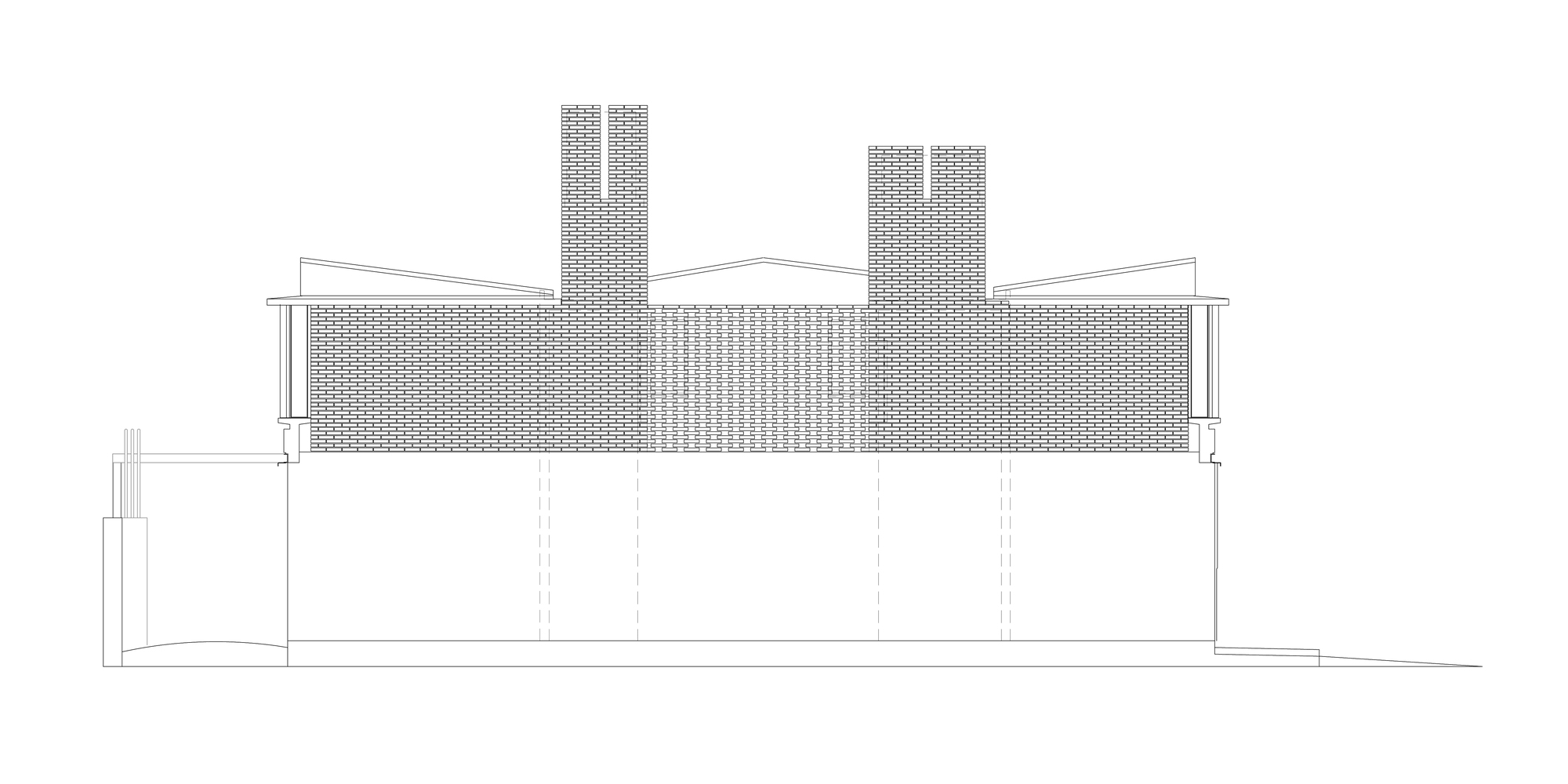Section drawing showing twin brick chimneys rising above a patterned roof plane with lower side volumes