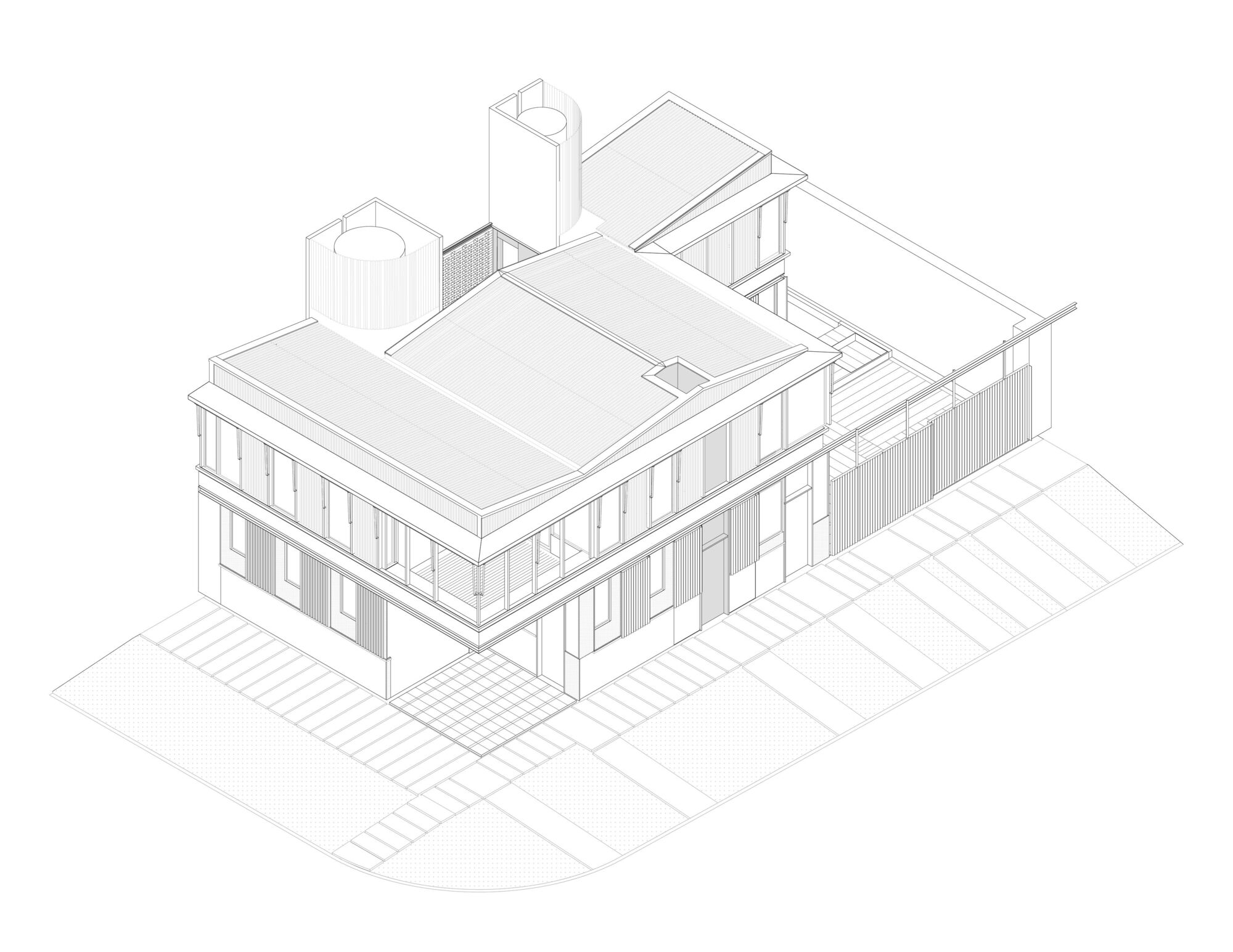 Axonometric drawing showing flat-roofed volumes with vertical towers and surrounding paved courtyard
