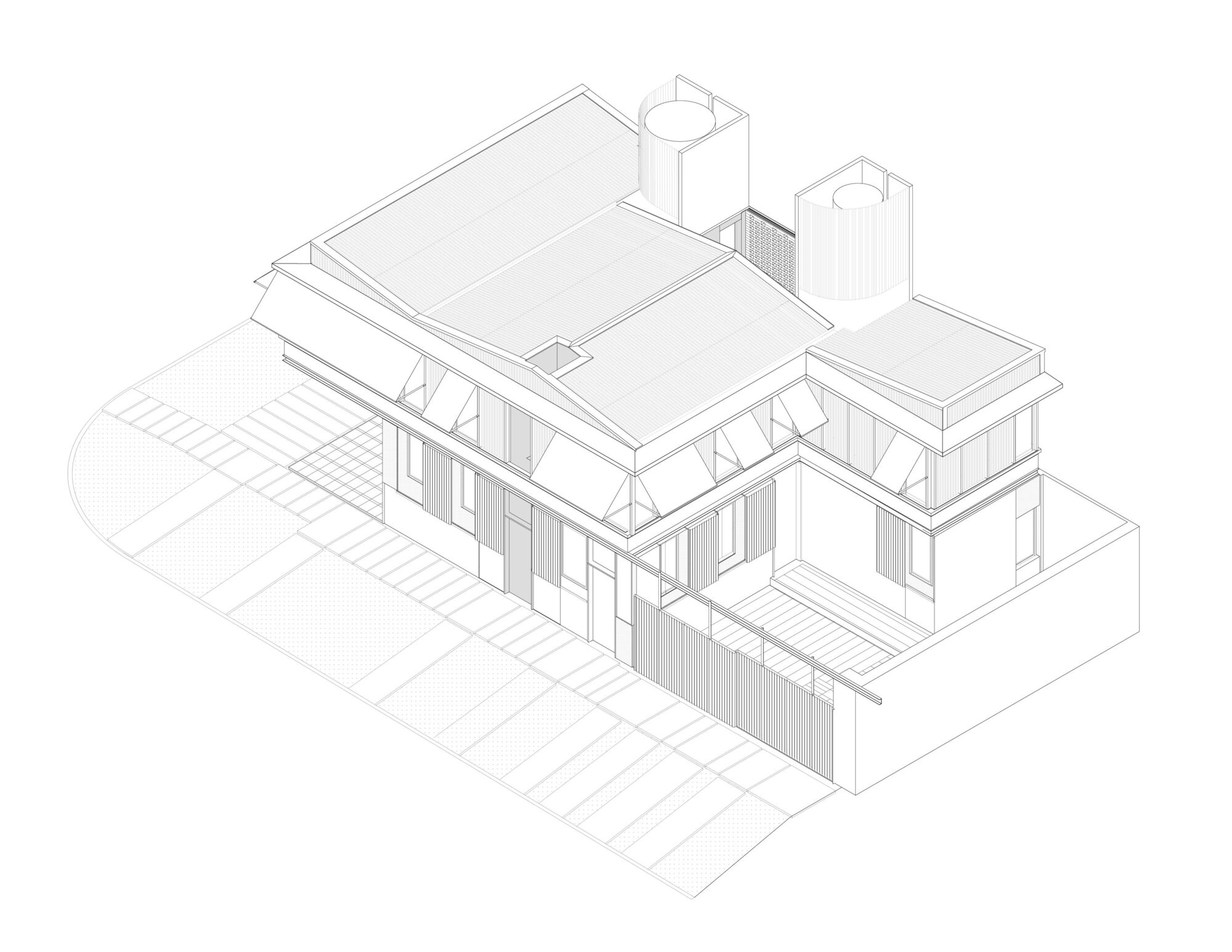 Axonometric drawing depicting interconnected pavilions with timber framing and flat roofs with chimneys