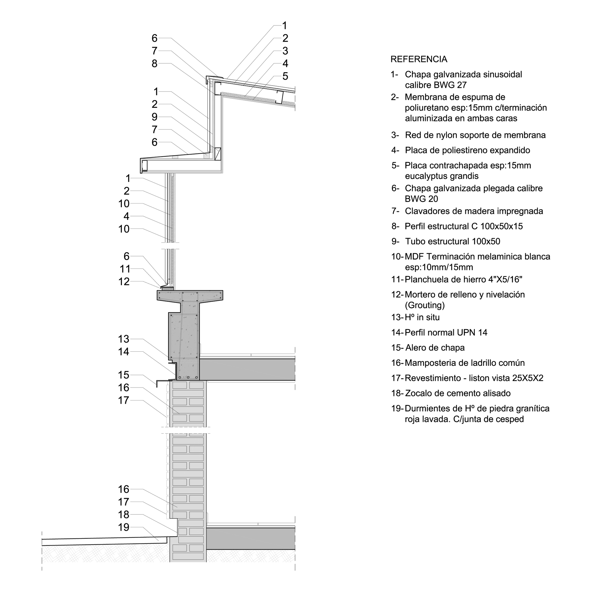 Detailed wall section showing roof connection, steel frame, insulation layers and stone foundation assembly
